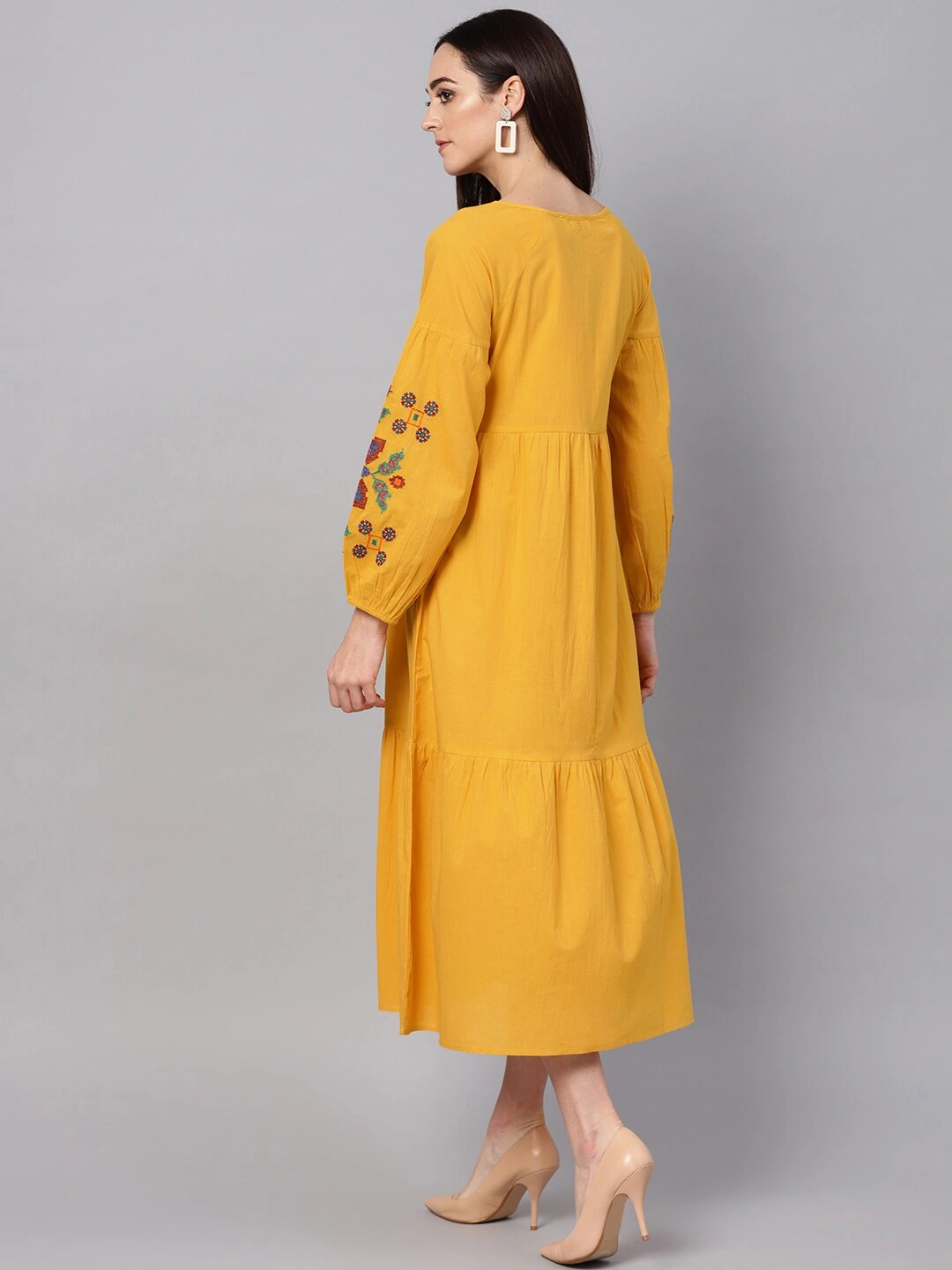 Bhama Couture Women Mustard Yellow Solid Tiered A-Line Dress-L-3