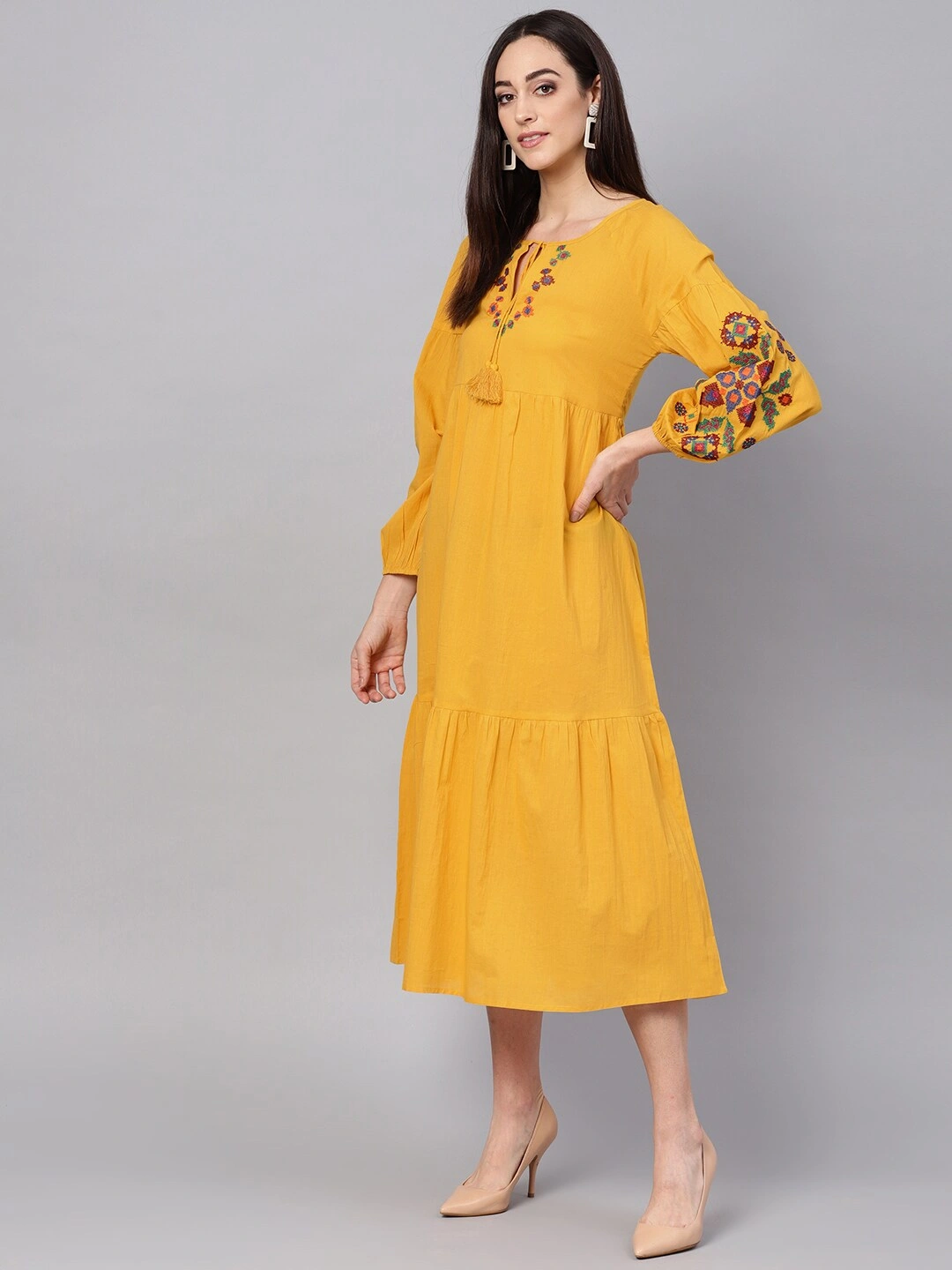 Bhama Couture Women Mustard Yellow Solid Tiered A-Line Dress-M-2