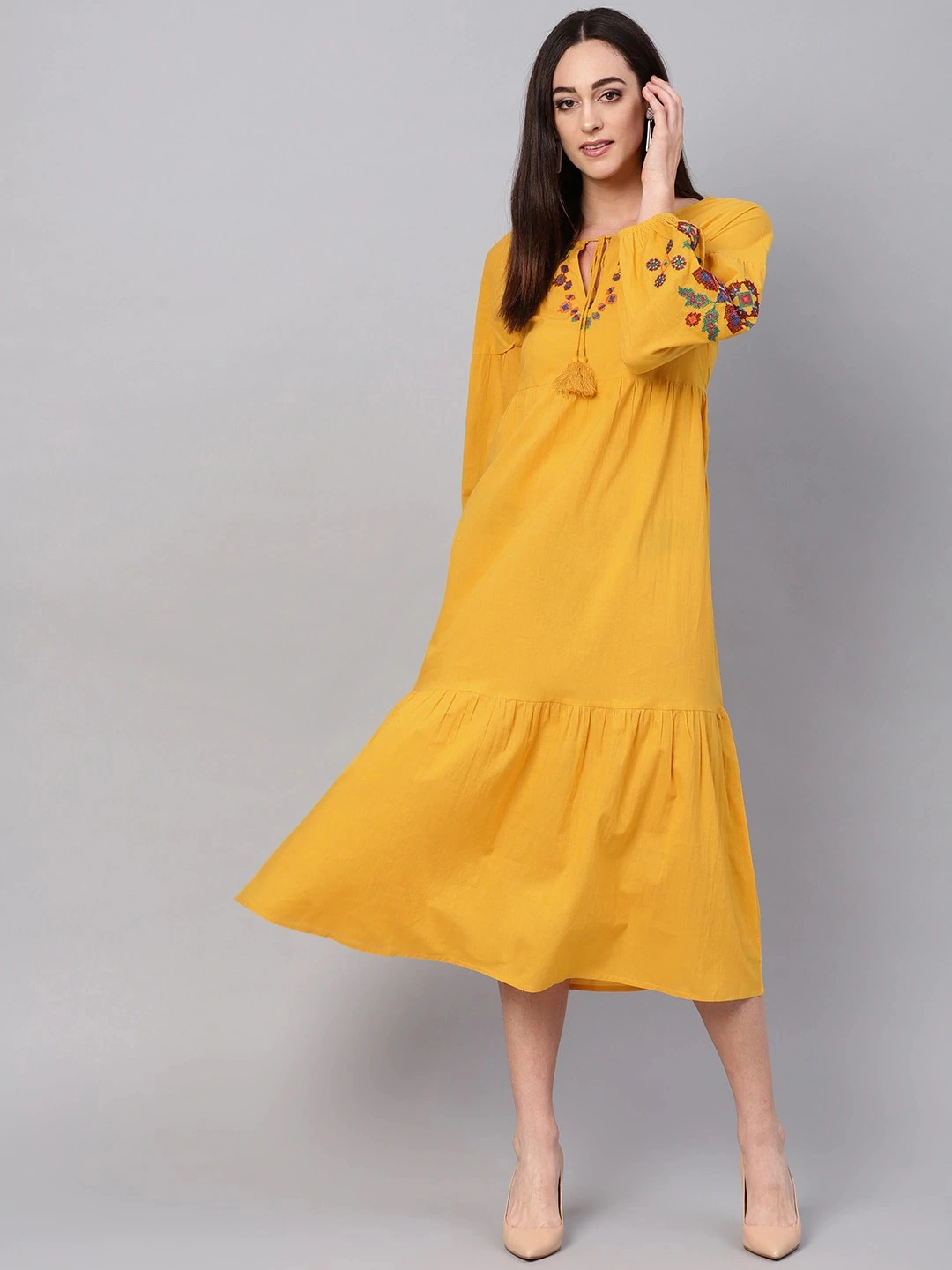 Bhama Couture Women Mustard Yellow Solid Tiered A-Line Dress-NANC060_XL