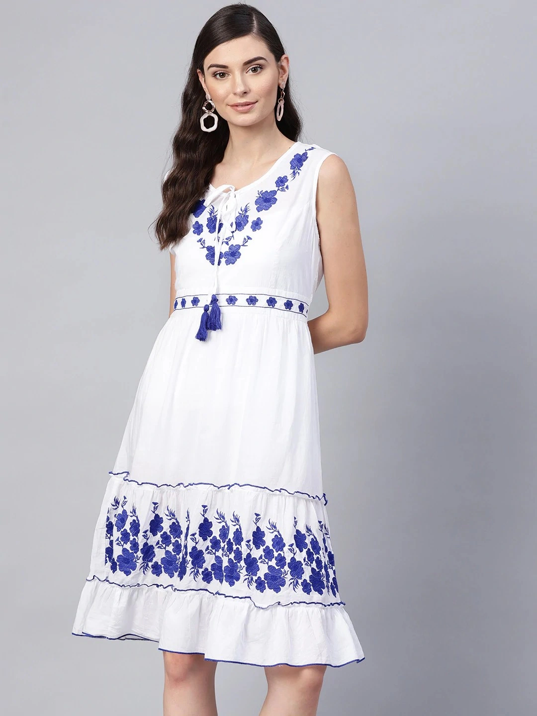 Bhama Couture Women White &amp; Blue Floral Embroidered A-Line Dress-NANC069_L