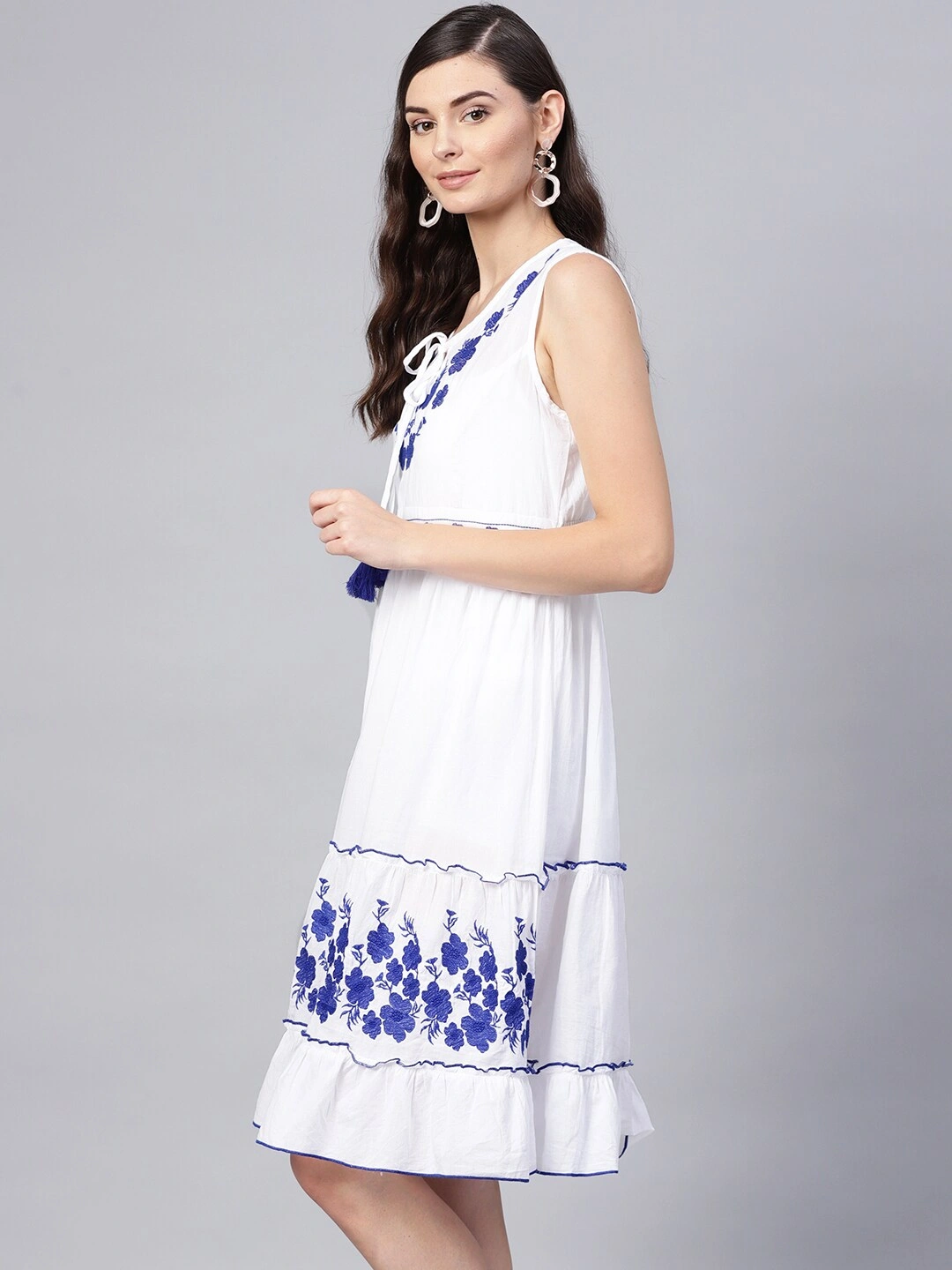 Bhama Couture Women White &amp; Blue Floral Embroidered A-Line Dress-M-1