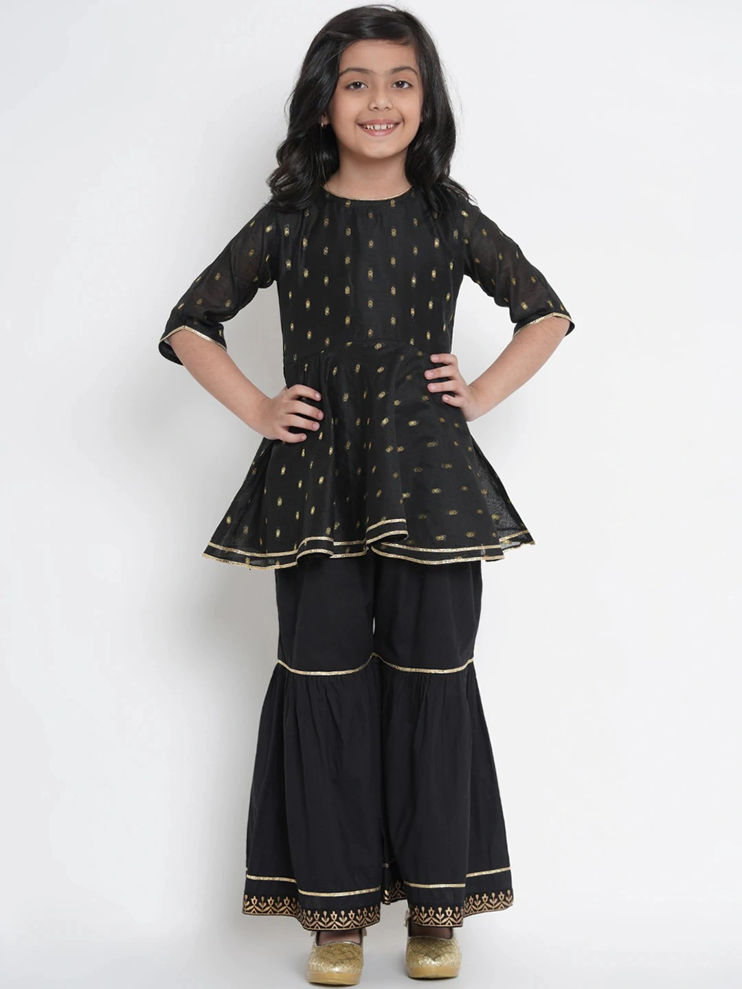 Bitiya by Bhama Girls Black &amp; Gold-Coloured Woven Design Kurta with Sharara-BBB020_3-4Y