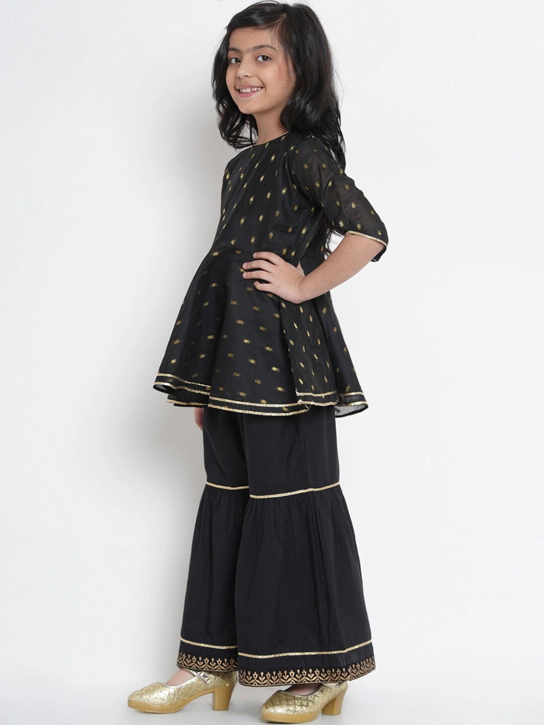 Bitiya by Bhama Girls Black &amp; Gold-Coloured Woven Design Kurta with Sharara-3-4Y-1