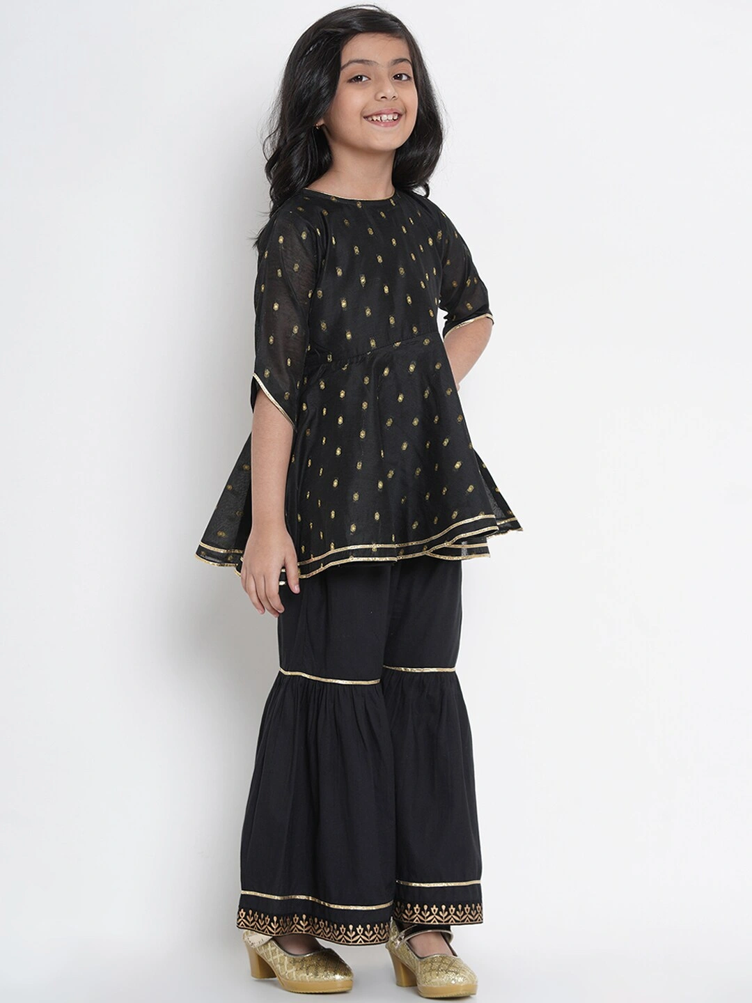 Bitiya by Bhama Girls Black &amp; Gold-Coloured Woven Design Kurta with Sharara-3-4Y-2