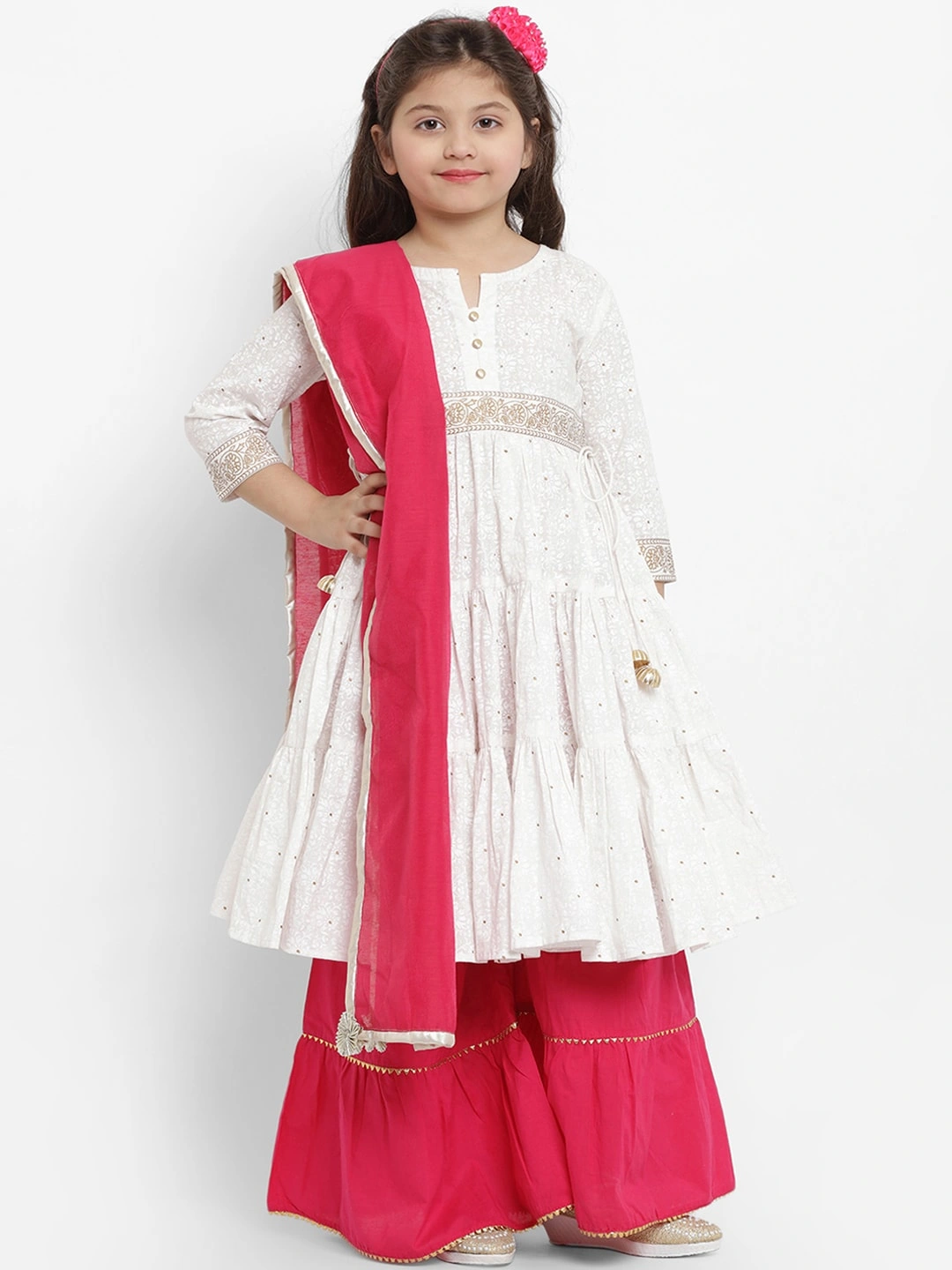 Bitiya by Bhama Girls White &amp; Pink Printed Kurti with Palazzos &amp; Dupatta-BBB028_3-4Y