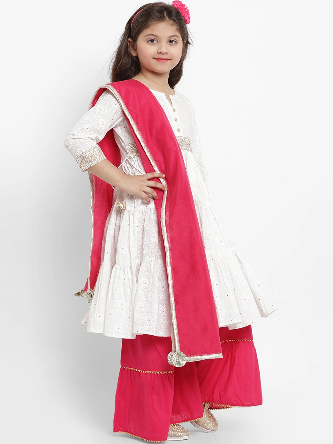 Bitiya by Bhama Girls White &amp; Pink Printed Kurti with Palazzos &amp; Dupatta-4-5Y-2