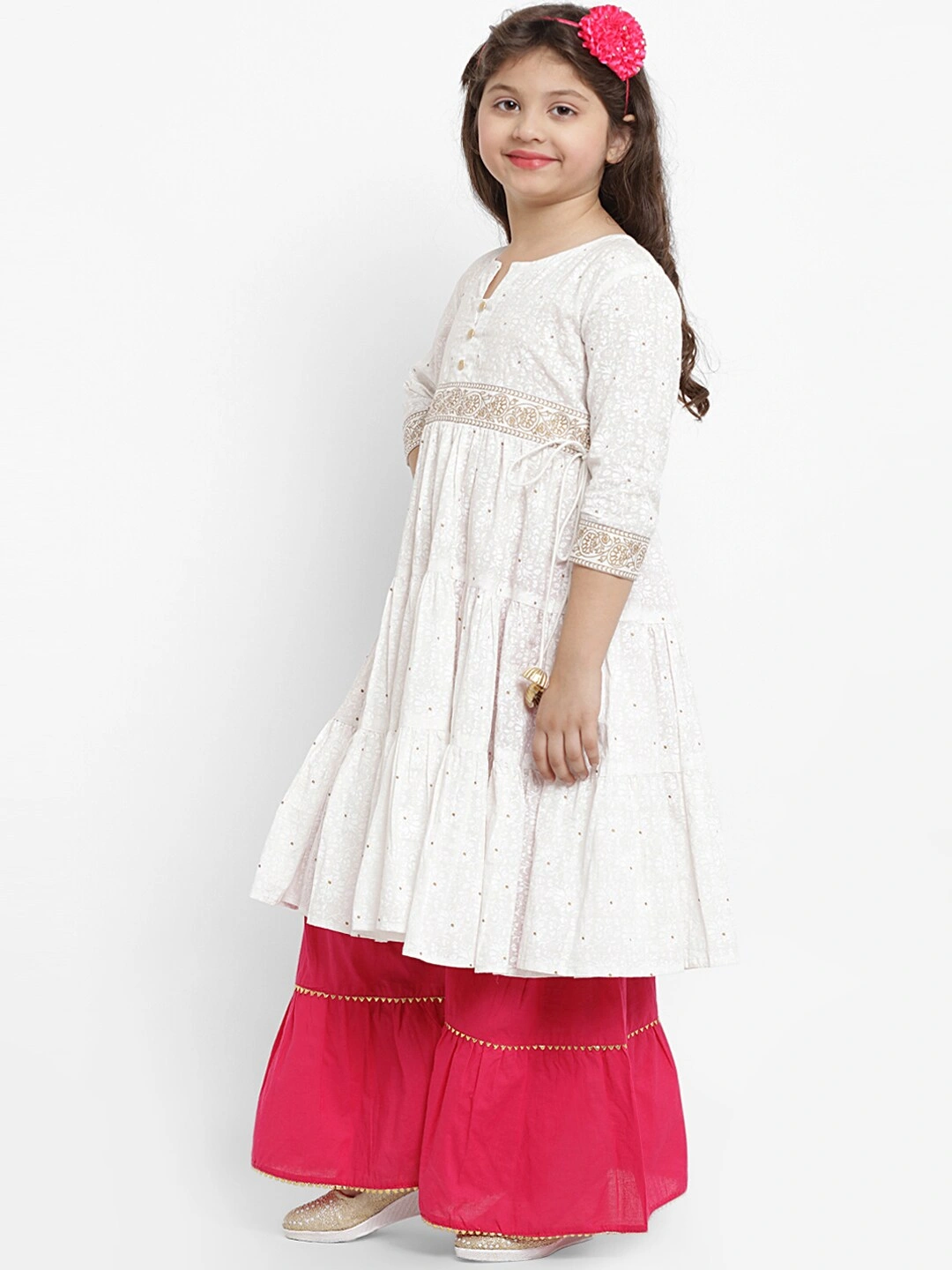 Bitiya by Bhama Girls White &amp; Pink Printed Kurti with Palazzos &amp; Dupatta-6-7Y-1