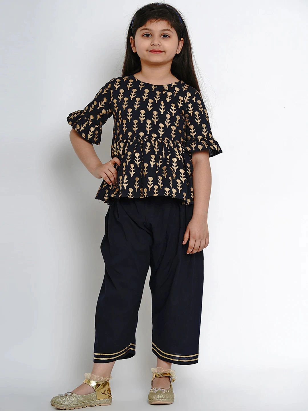 Bitiya by Bhama Girls Navy Blue Printed Kurti with Dhoti Pants-BBB081_3-4Y