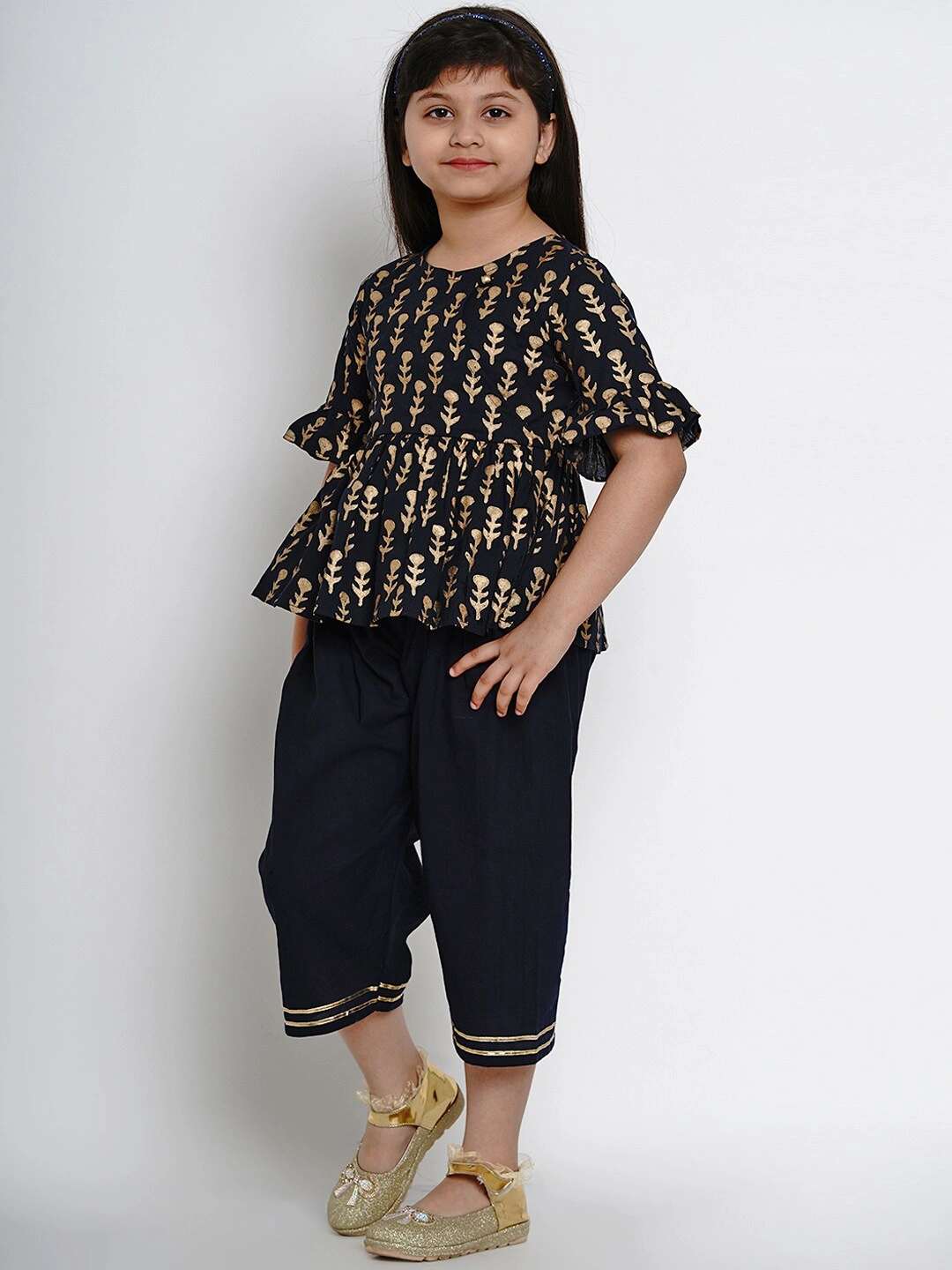 Bitiya by Bhama Girls Navy Blue Printed Kurti with Dhoti Pants-3-4Y-1