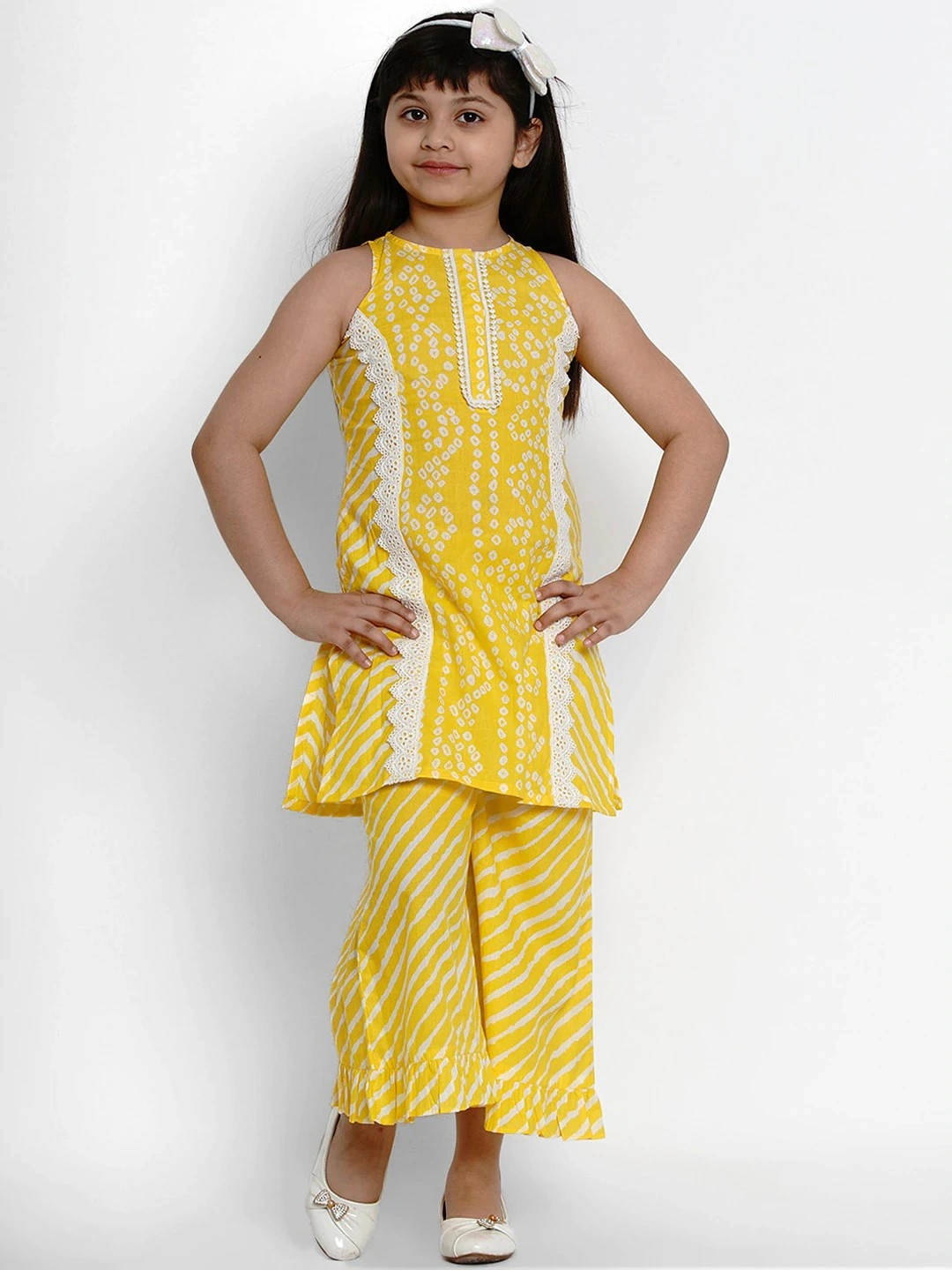 Bitiya by Bhama Girls Yellow &amp; White Printed Kurti with Palazzos-BBB089_3-4Y