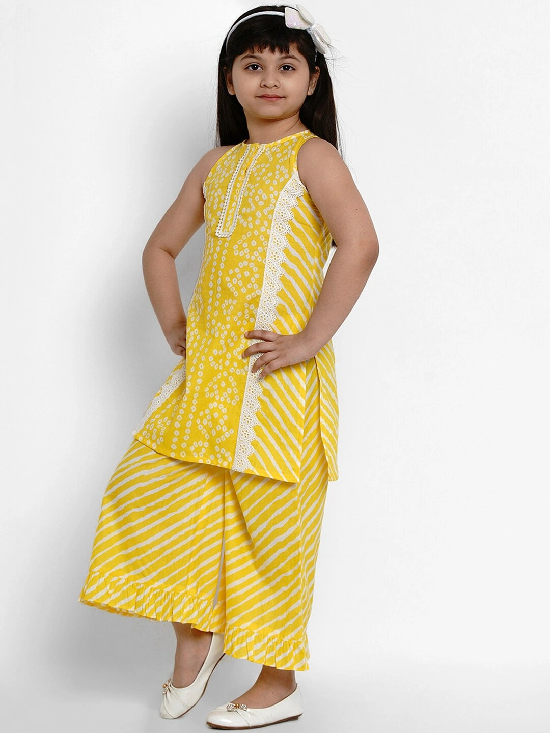 Bitiya by Bhama Girls Yellow &amp; White Printed Kurti with Palazzos-3-4Y-1