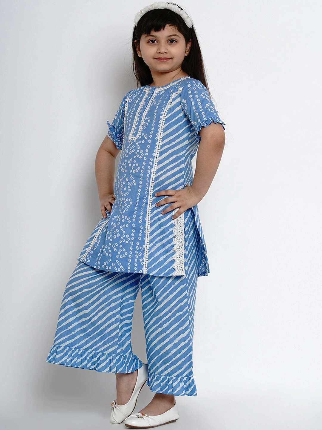 Bitiya by Bhama Girls Blue &amp; White Striped Kurta with Palazzos-3-4Y-1