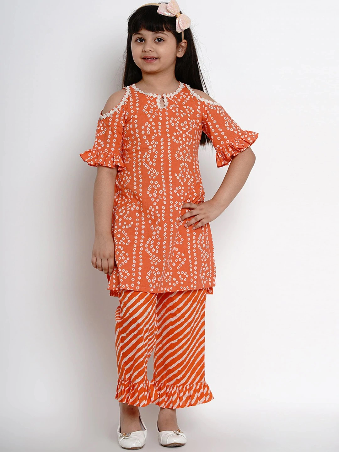 Bitiya by Bhama Girls Orange &amp; White Dyed Kurta with Palazzos-BBB092_3-4Y