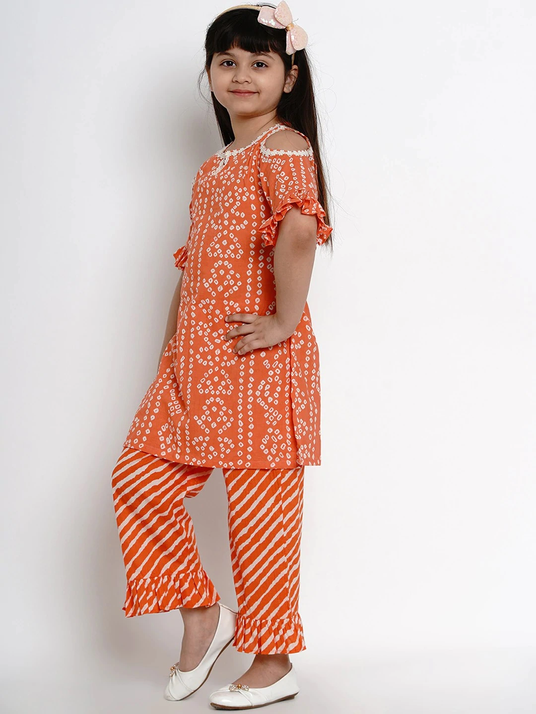 Bitiya by Bhama Girls Orange &amp; White Dyed Kurta with Palazzos-3-4Y-1