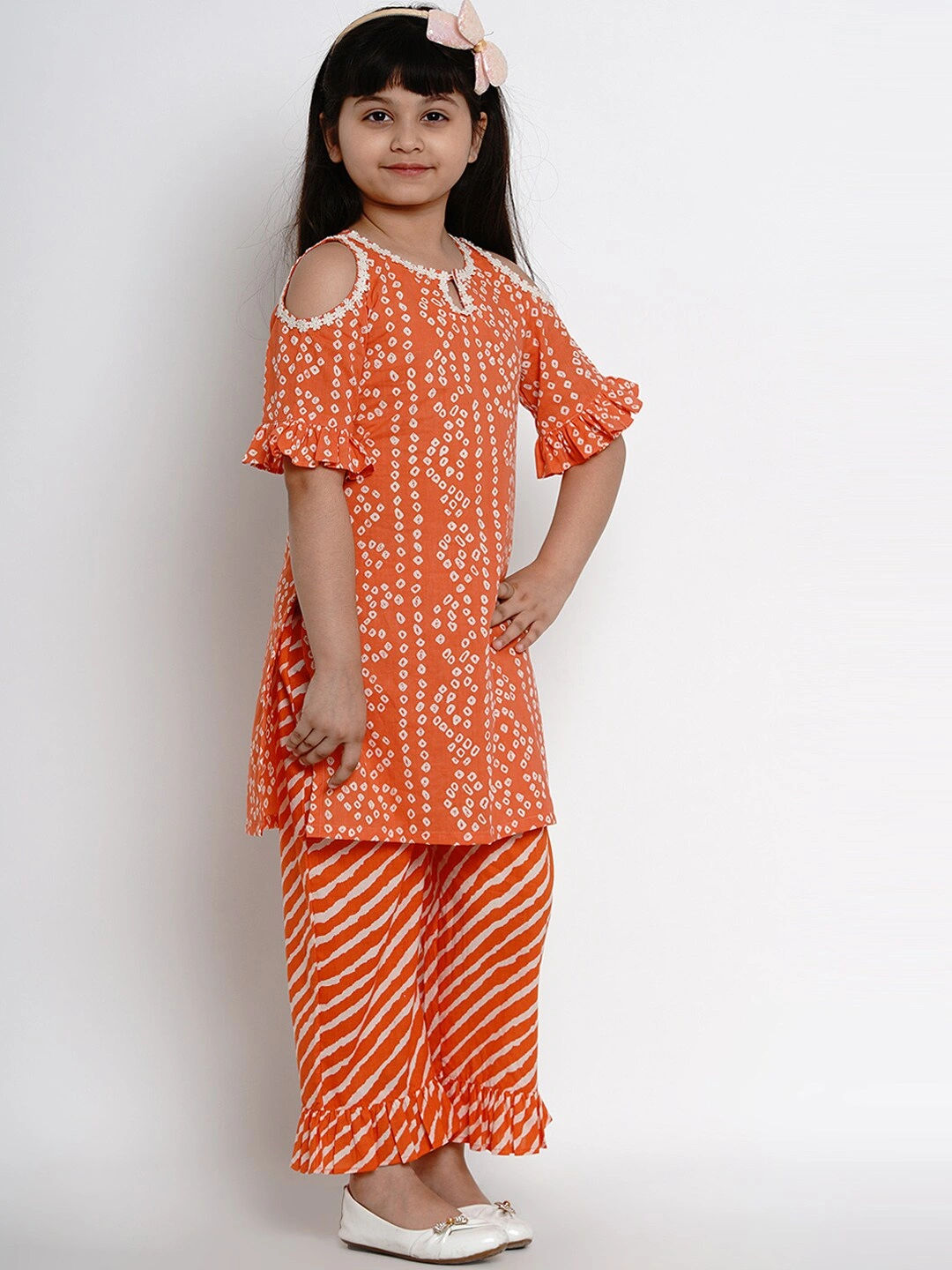 Bitiya by Bhama Girls Orange &amp; White Dyed Kurta with Palazzos-3-4Y-2