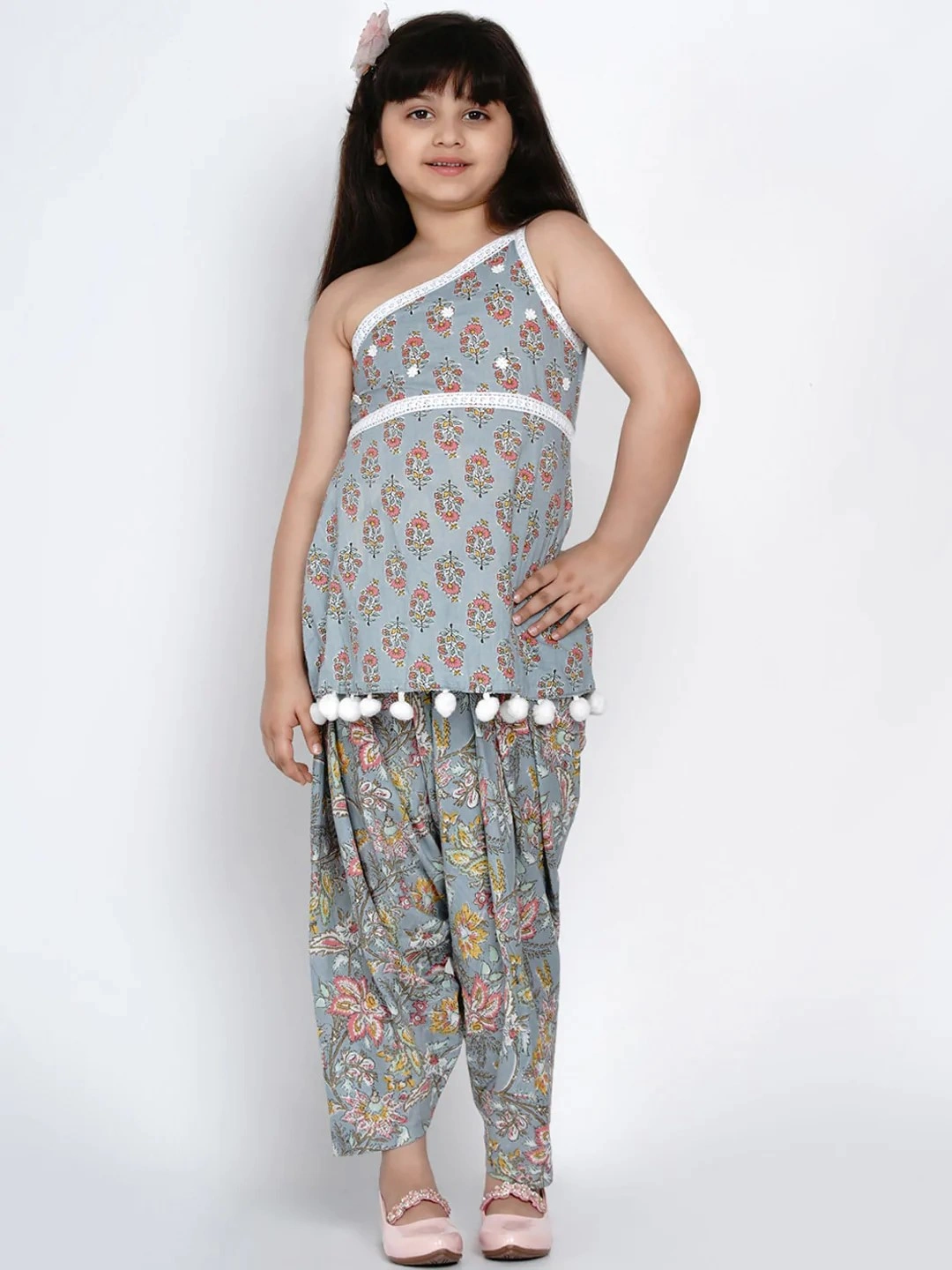 Bitiya by Bhama Girls Grey &amp; Pink Floral Printed Kurti with Patiala-BBB104_3-4Y