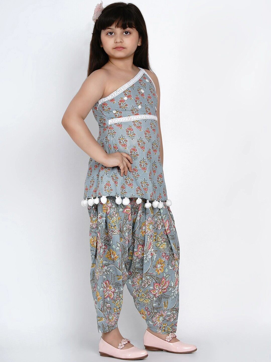 Bitiya by Bhama Girls Grey &amp; Pink Floral Printed Kurti with Patiala-3-4Y-2