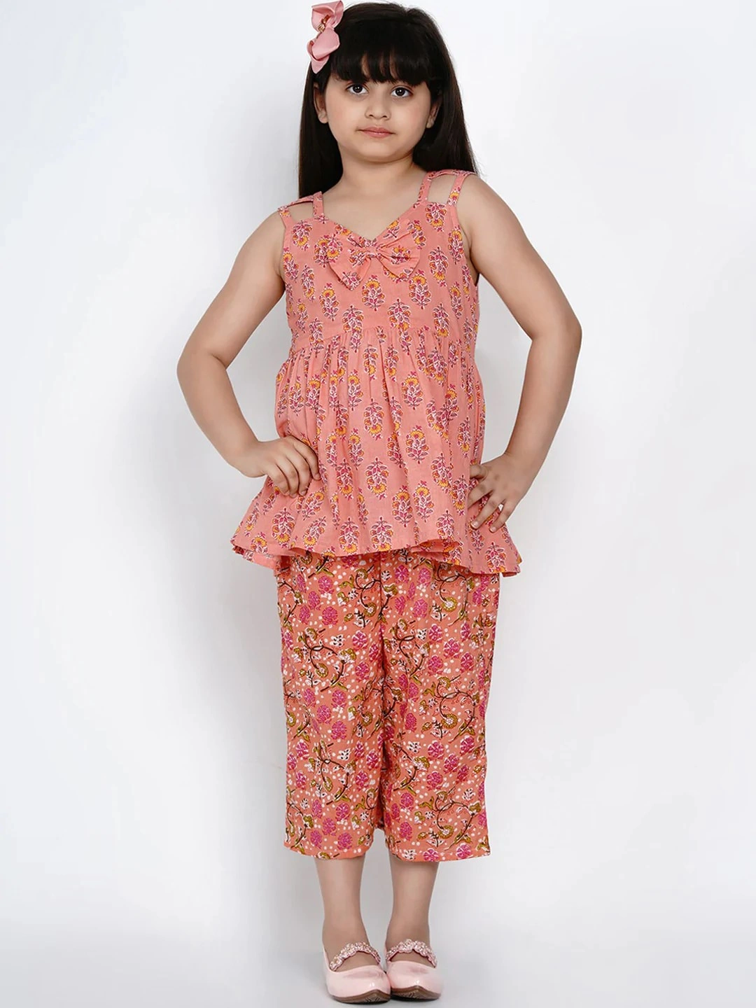 Bitiya by Bhama Girls Peach-Coloured Printed Kurti with Palazzos-BBB105_3-4Y