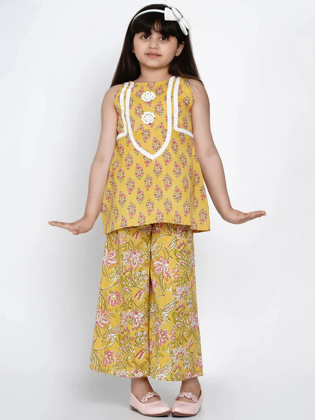 Bitiya by Bhama Girls Yellow &amp; Pink Embroidered Floral Printed Kurti with Palazzos-BBB106_3-4Y