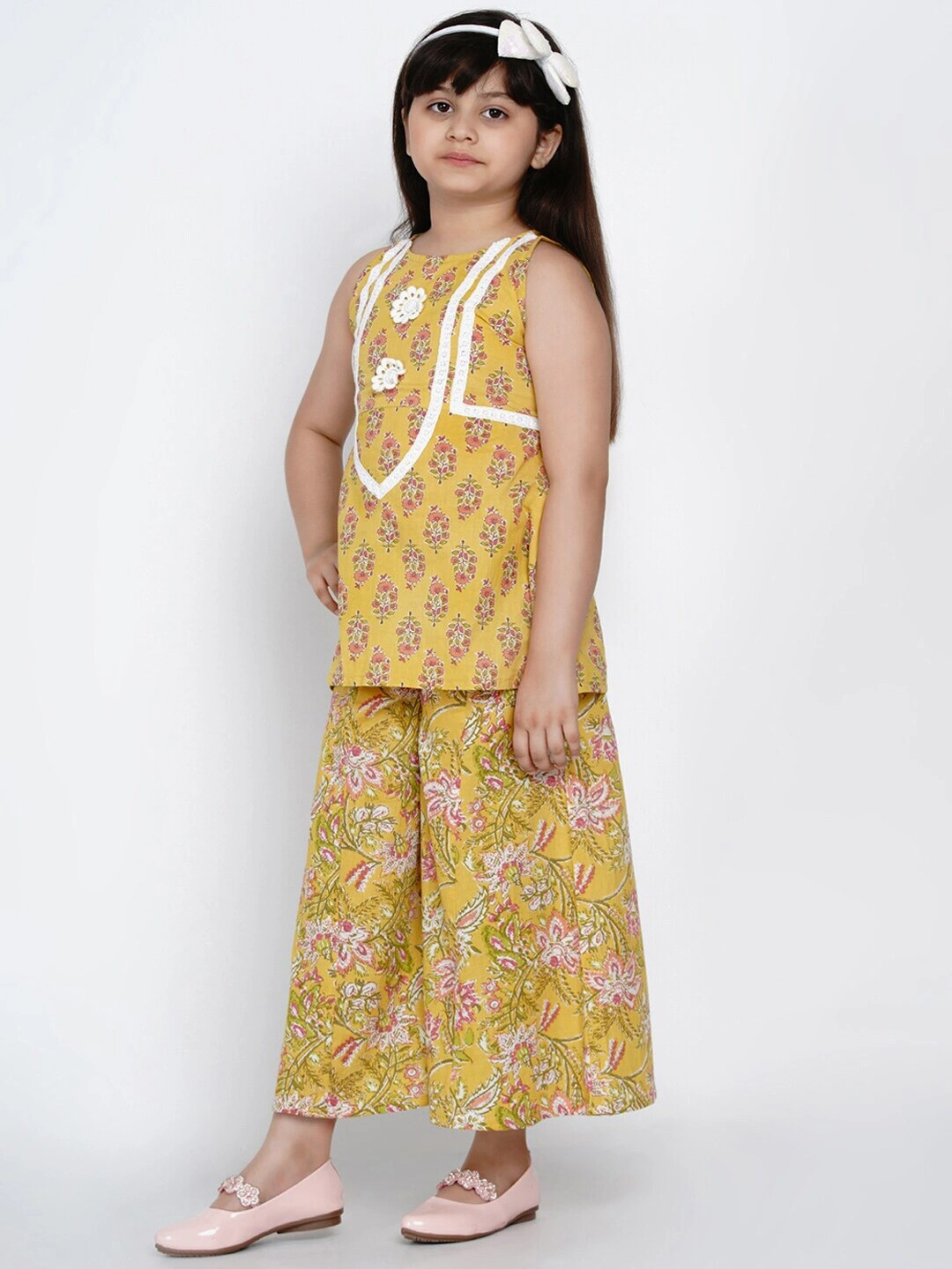 Bitiya by Bhama Girls Yellow &amp; Pink Embroidered Floral Printed Kurti with Palazzos-3-4Y-1