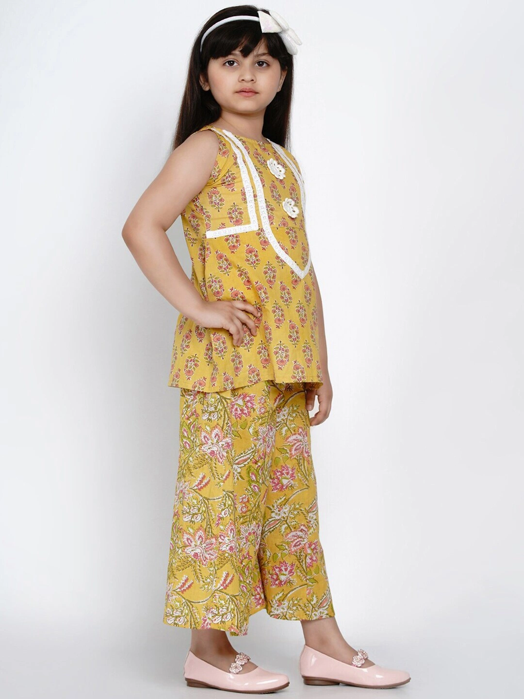 Bitiya by Bhama Girls Yellow &amp; Pink Embroidered Floral Printed Kurti with Palazzos-3-4Y-2