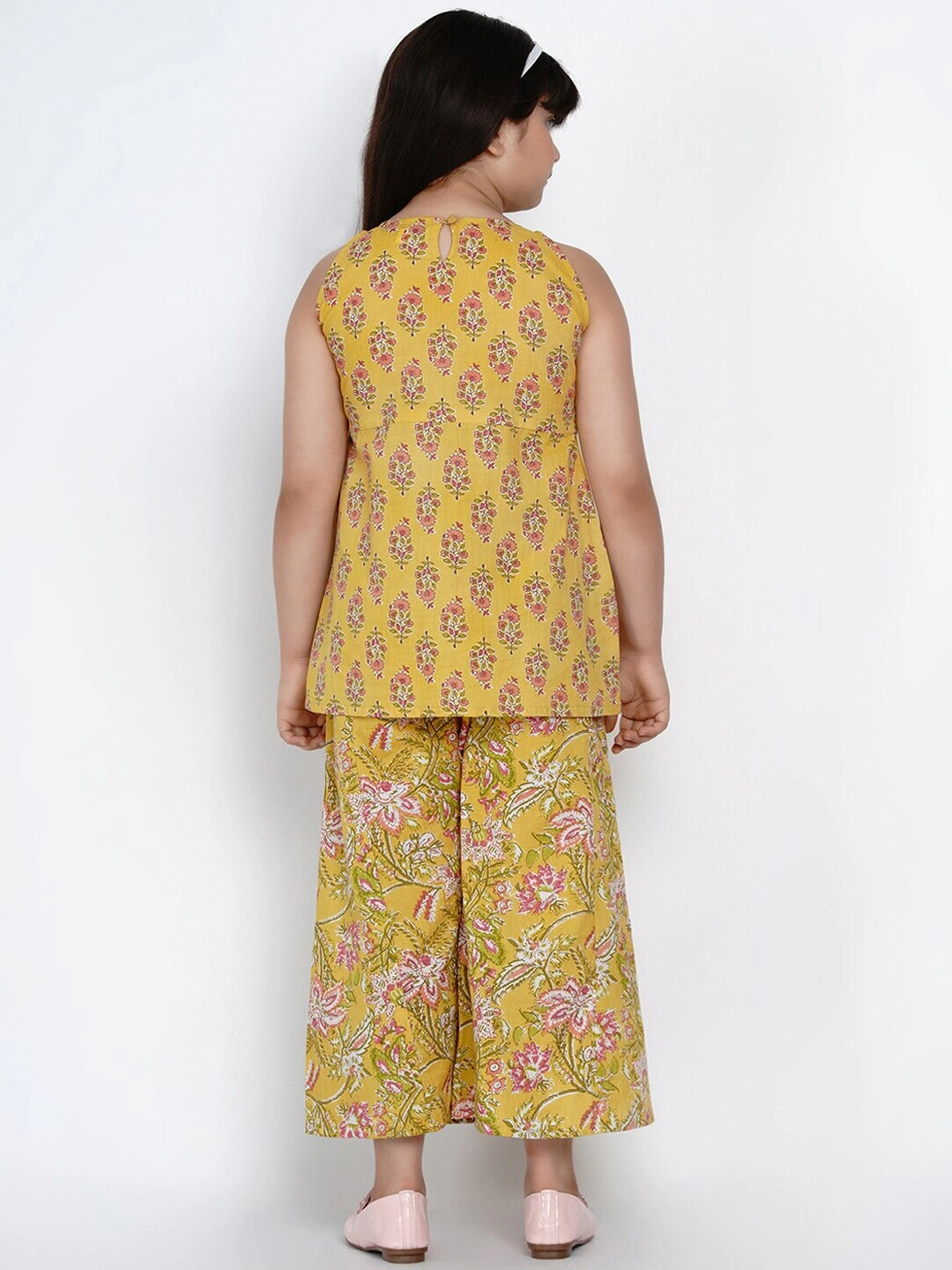 Bitiya by Bhama Girls Yellow &amp; Pink Embroidered Floral Printed Kurti with Palazzos-3-4Y-3