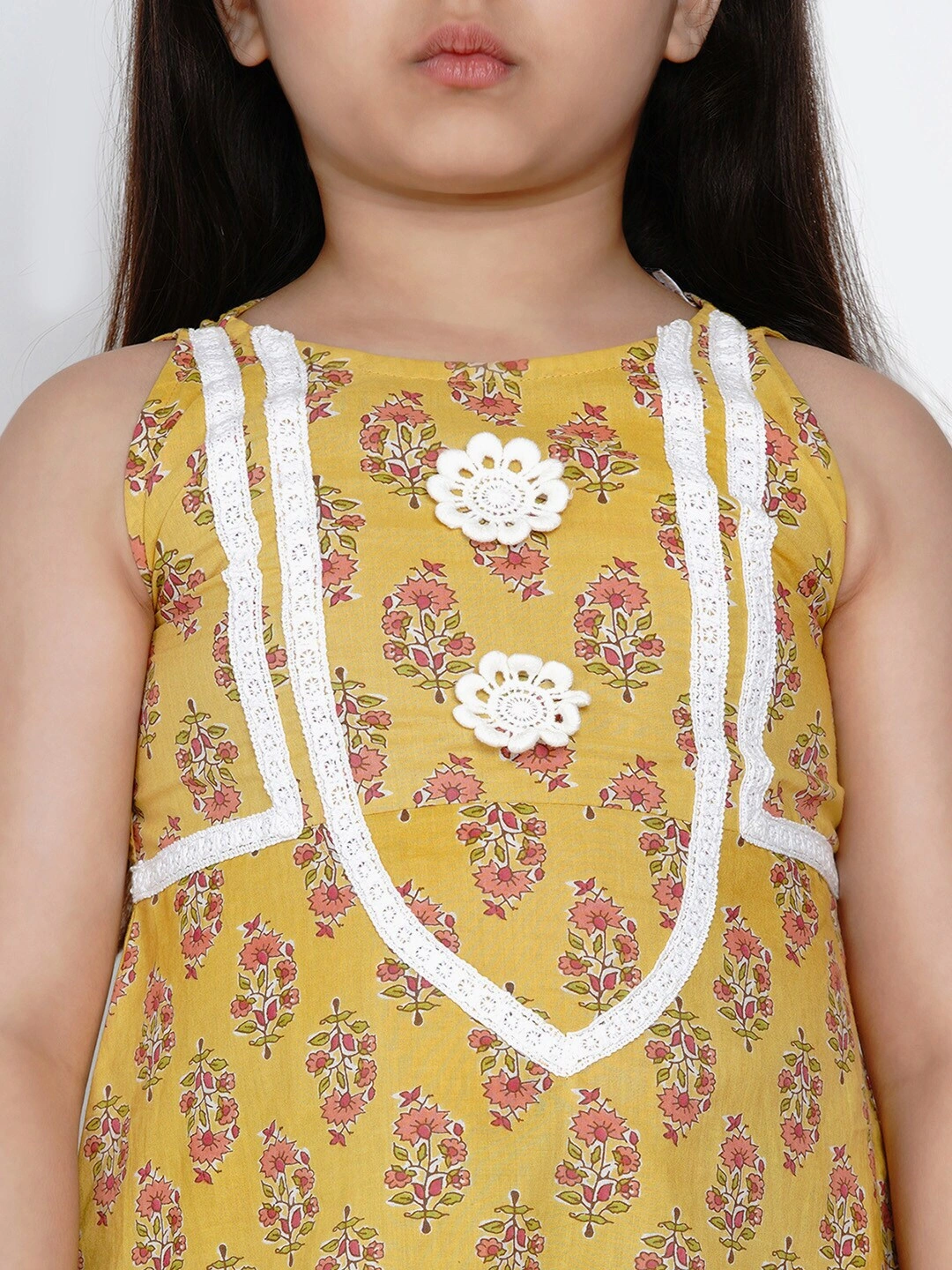 Bitiya by Bhama Girls Yellow &amp; Pink Embroidered Floral Printed Kurti with Palazzos-7-8Y-4