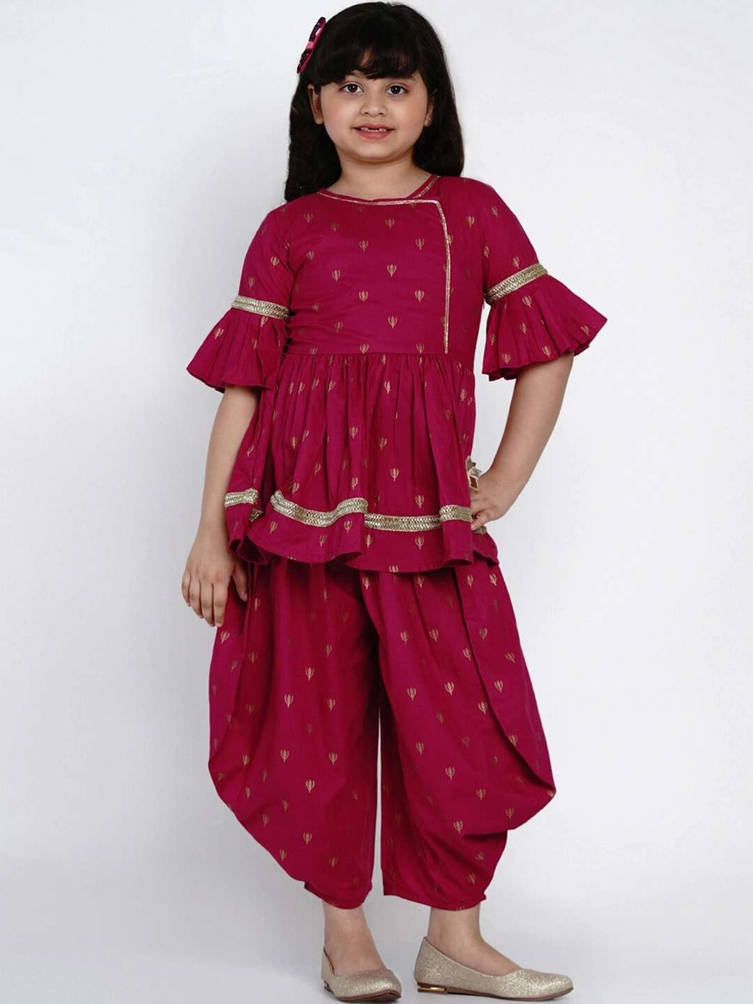 Bitiya by Bhama Girls Magenta Printed Kurti with Dhoti Pants-BBB128_3-4Y