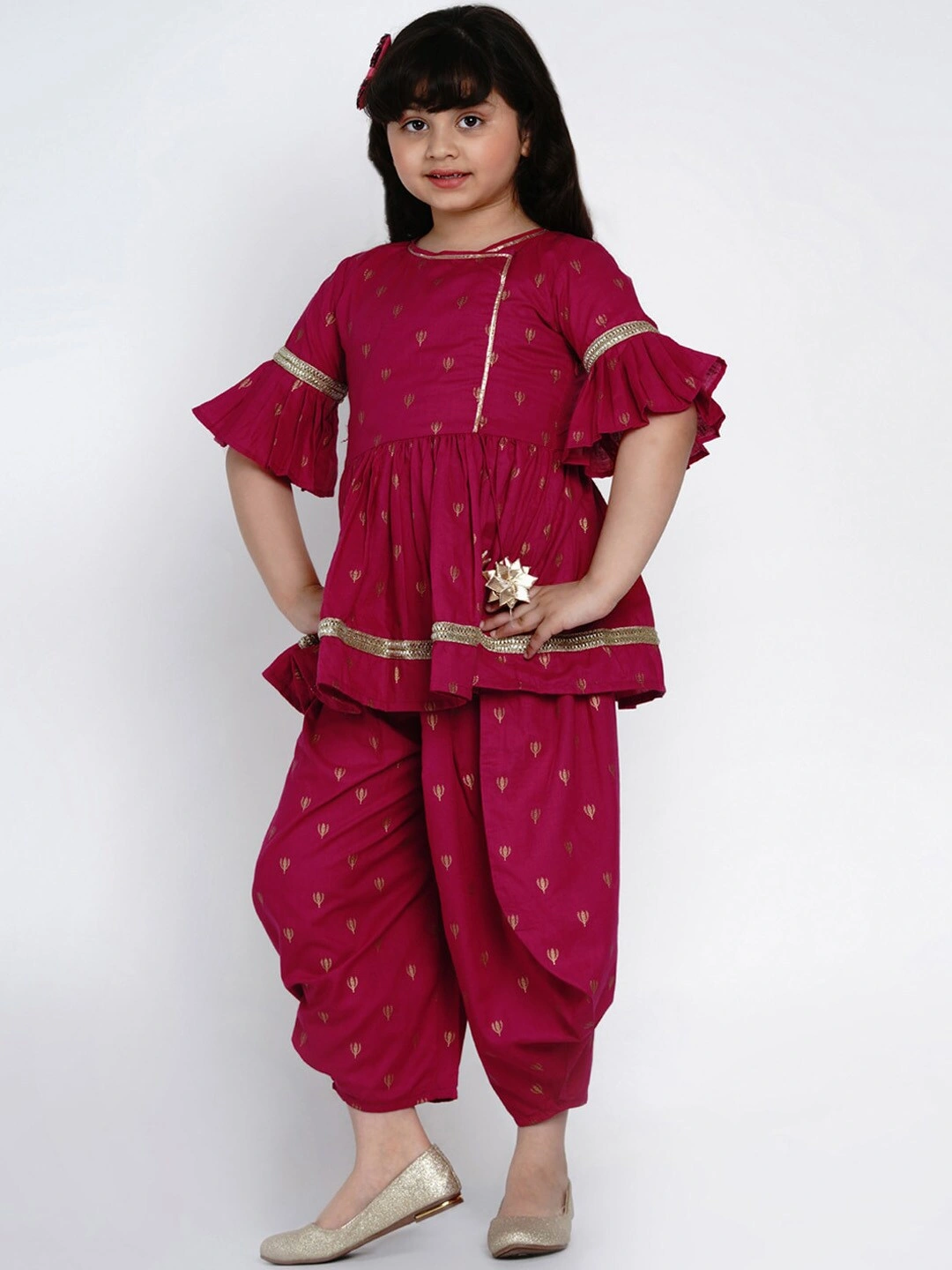 Bitiya by Bhama Girls Magenta Printed Kurti with Dhoti Pants-3-4Y-1