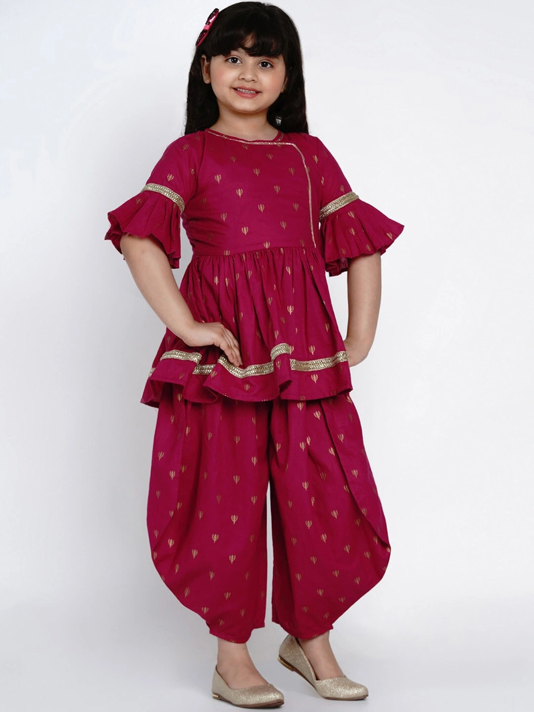 Bitiya by Bhama Girls Magenta Printed Kurti with Dhoti Pants-3-4Y-2