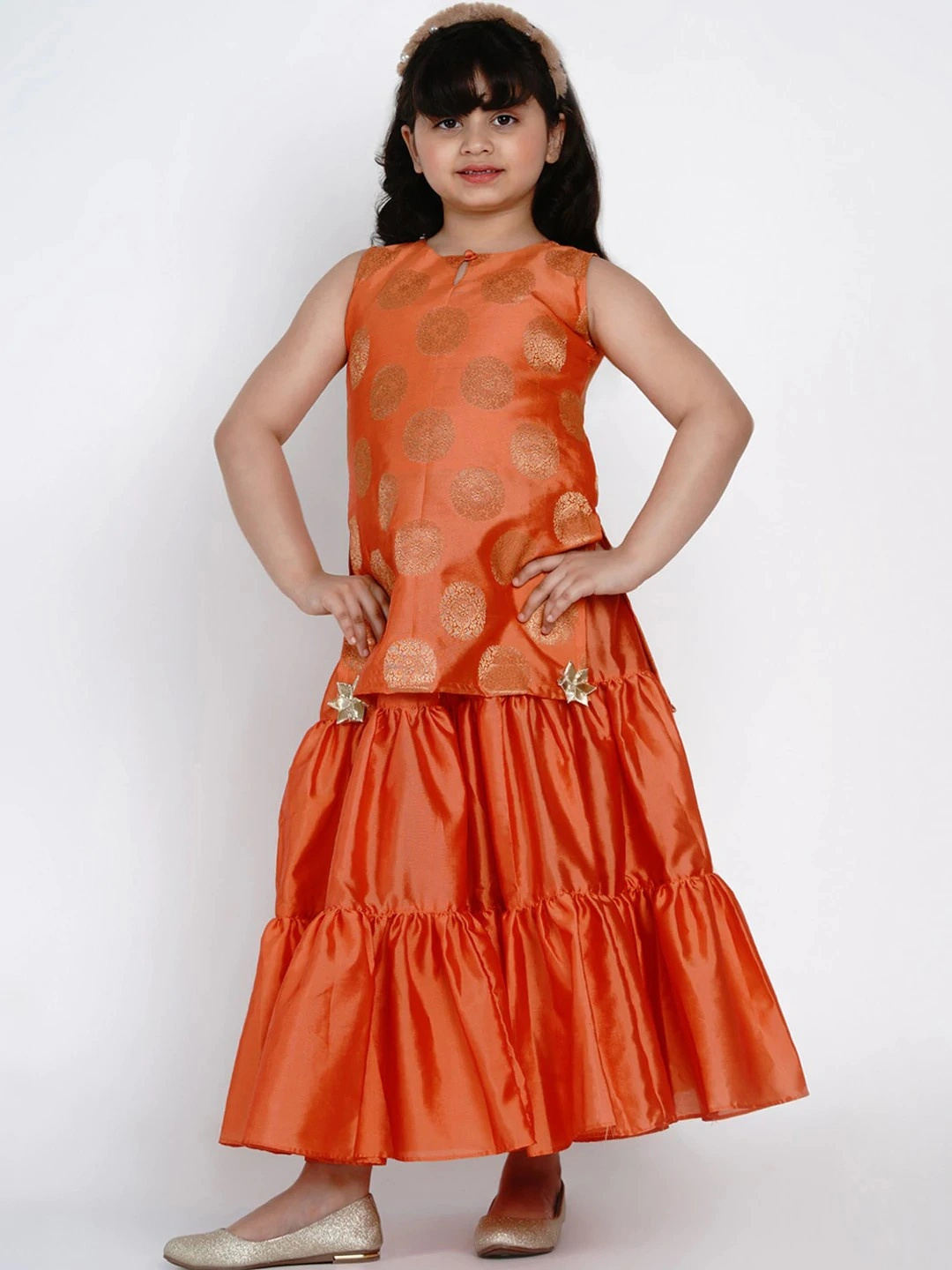 Bitiya by Bhama Girls Orange Embroidered Kurti with Sharara &amp; Dupatta-BBB129_3-4Y