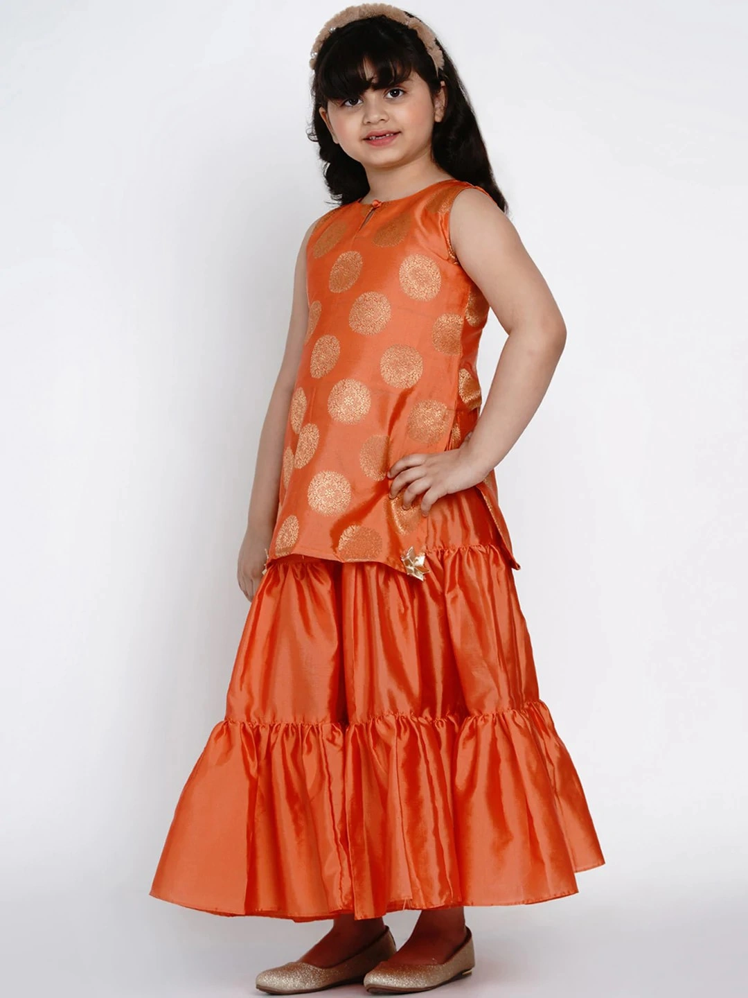 Bitiya by Bhama Girls Orange Embroidered Kurti with Sharara &amp; Dupatta-3-4Y-1