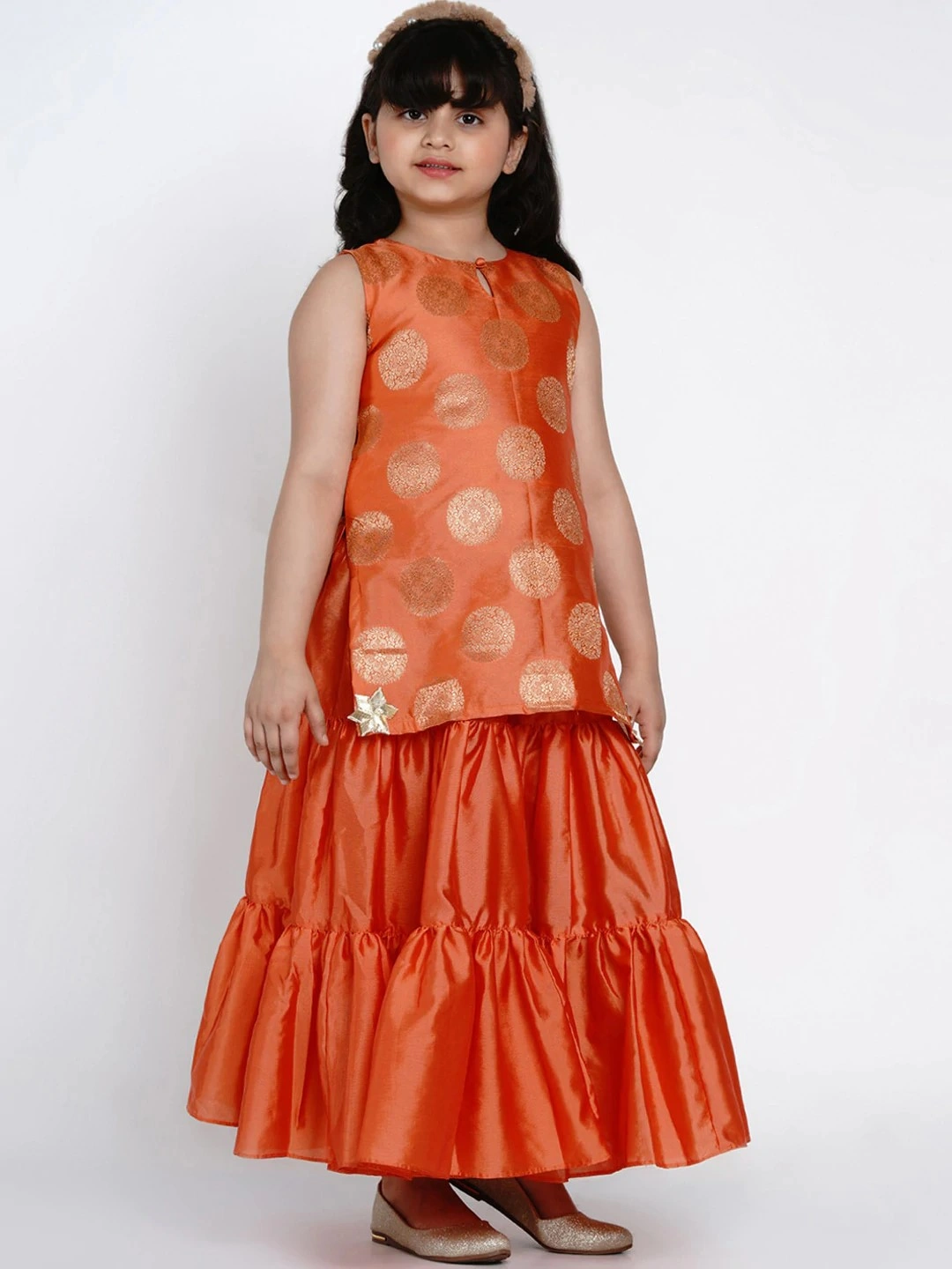 Bitiya by Bhama Girls Orange Embroidered Kurti with Sharara &amp; Dupatta-3-4Y-2