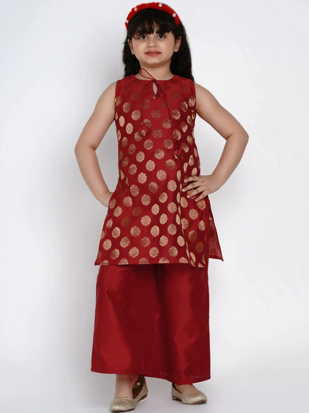 Bitiya by Bhama Girls Red &amp; Gold-Coloured Printed Kurti with Palazzos-BBB131_3-4Y