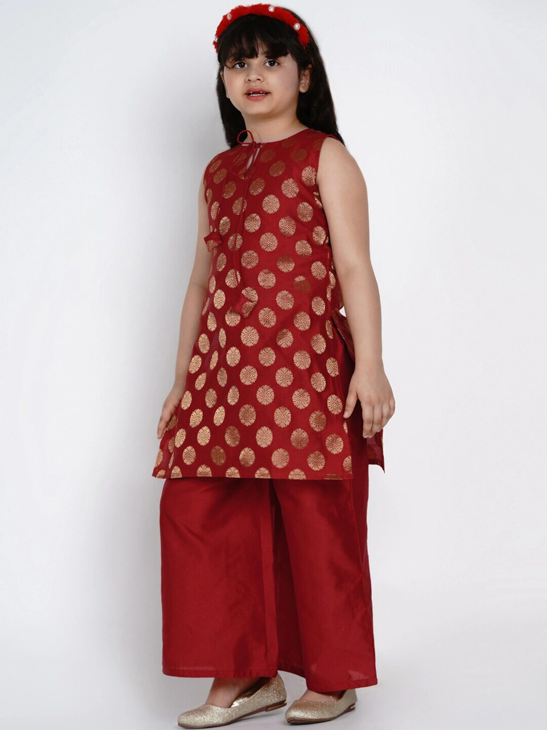 Bitiya by Bhama Girls Red &amp; Gold-Coloured Printed Kurti with Palazzos-3-4Y-1