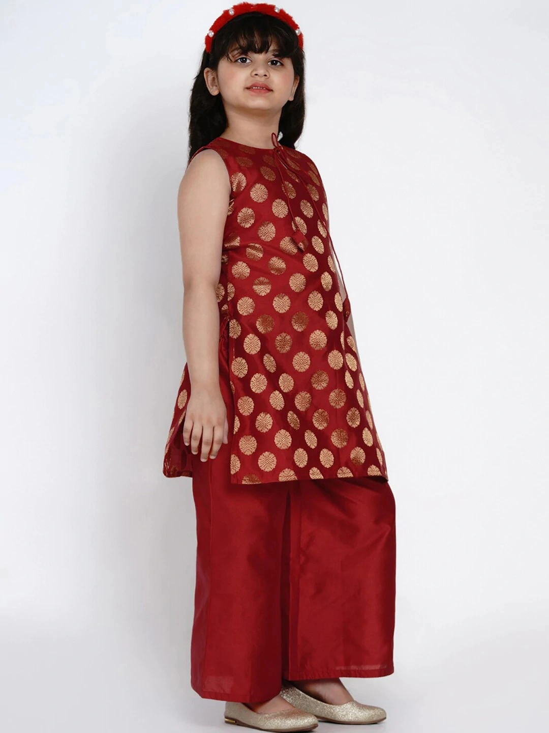 Bitiya by Bhama Girls Red &amp; Gold-Coloured Printed Kurti with Palazzos-3-4Y-2