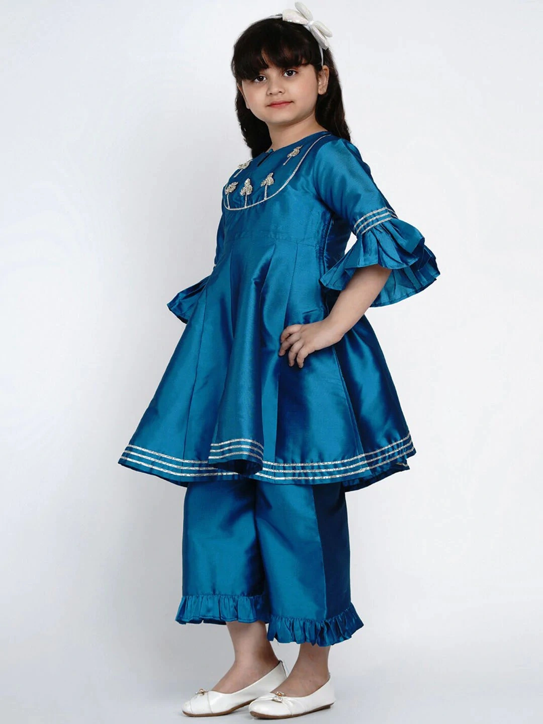 Bitiya by Bhama Girls Blue Embroidered Kurta with Palazzos-3-4Y-1