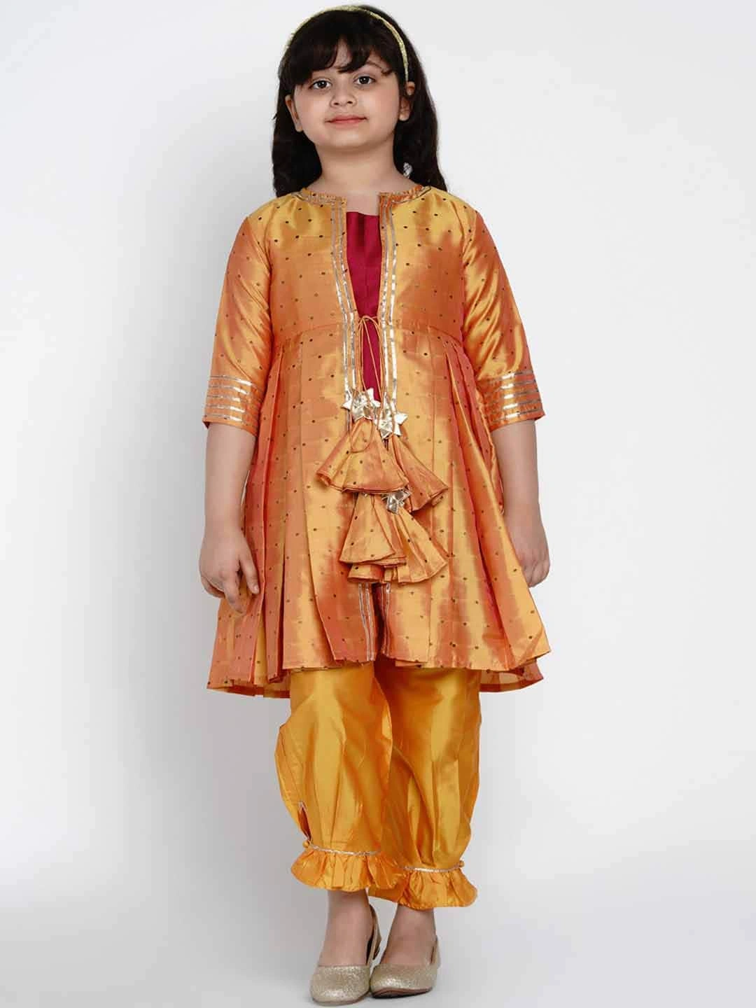 Bitiya by Bhama Girls Maroon &amp; Mustard Yellow Solid Kurti with Trousers &amp; Jacket-BBB135_3-4Y