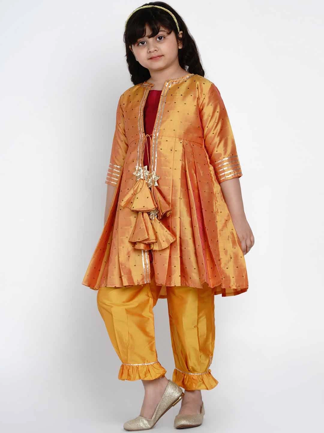 Bitiya by Bhama Girls Maroon &amp; Mustard Yellow Solid Kurti with Trousers &amp; Jacket-3-4Y-1