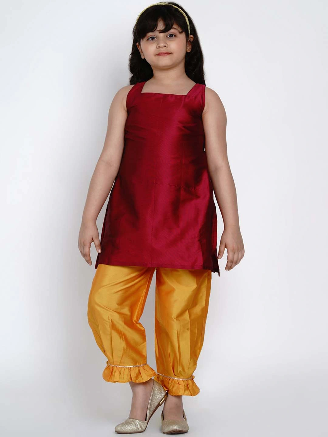 Bitiya by Bhama Girls Maroon &amp; Mustard Yellow Solid Kurti with Trousers &amp; Jacket-3-4Y-3