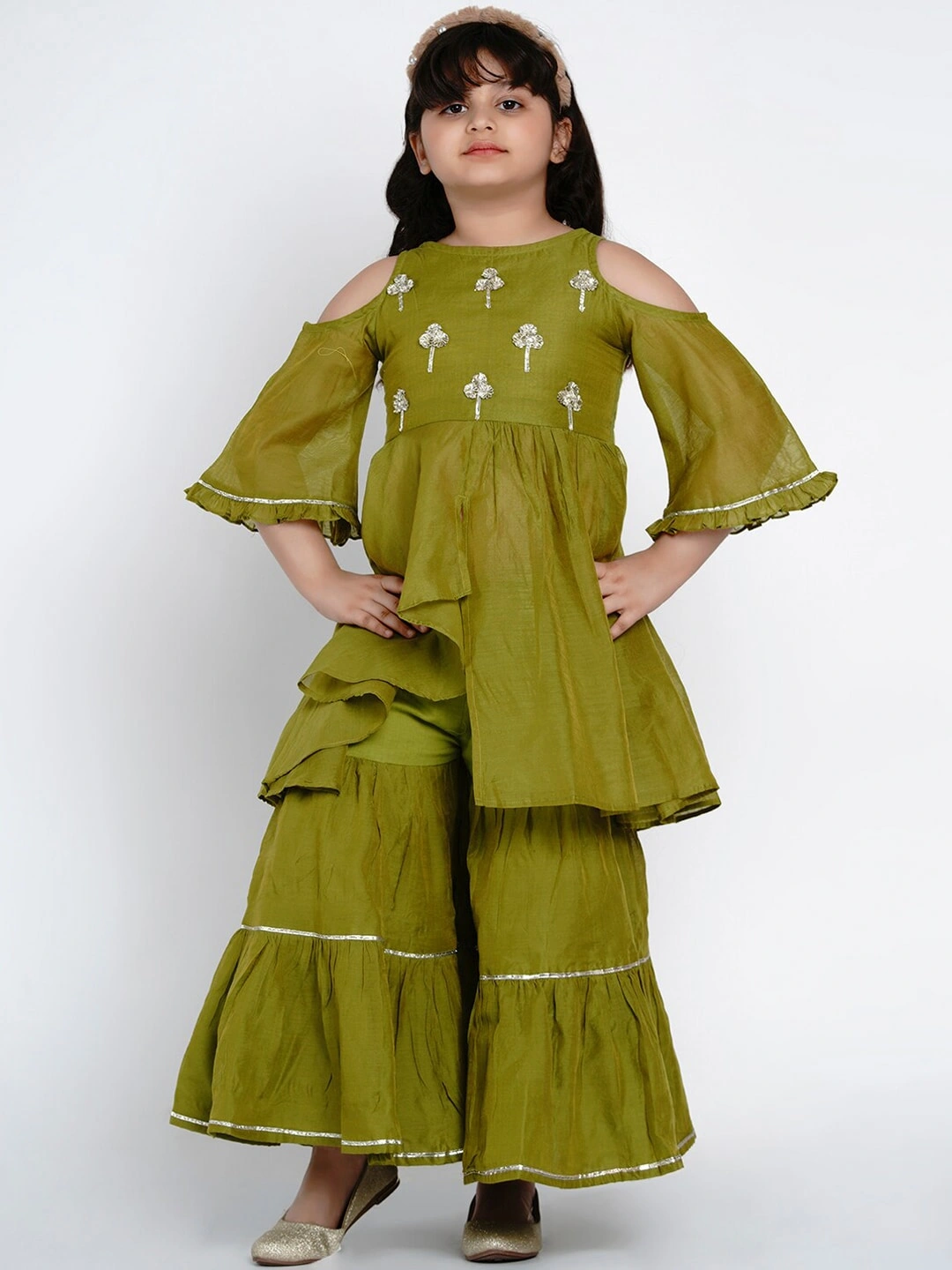 Bitiya by Bhama Girls Green Embroidered Kurti with Sharara-BBB136_3-4Y