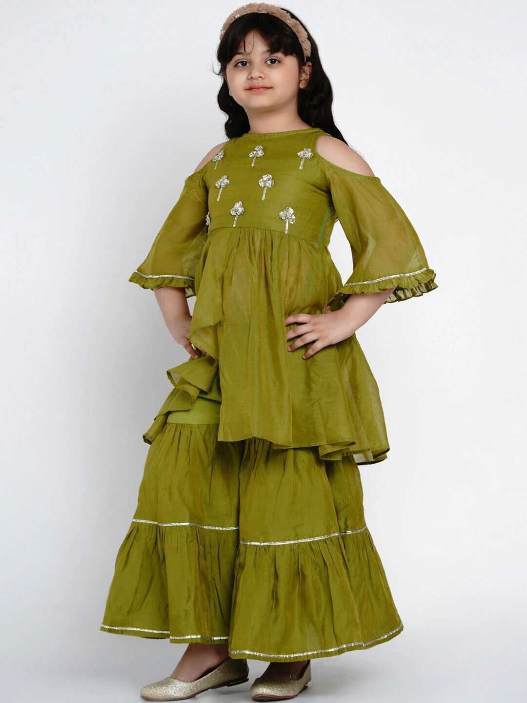 Bitiya by Bhama Girls Green Embroidered Kurti with Sharara-3-4Y-1