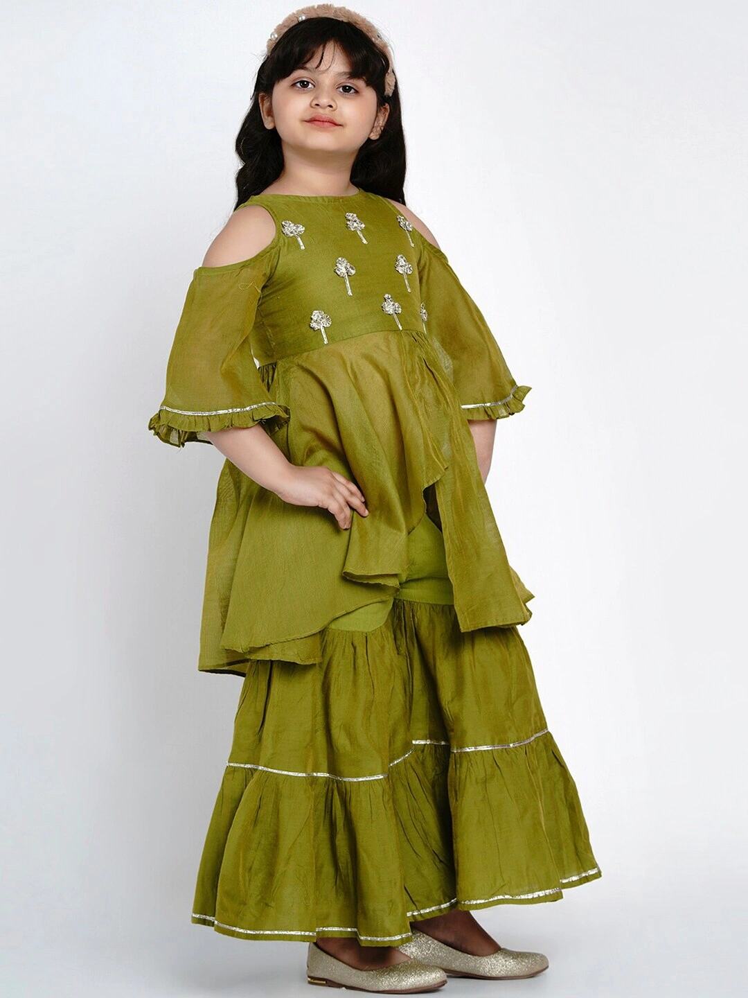 Bitiya by Bhama Girls Green Embroidered Kurti with Sharara-3-4Y-2