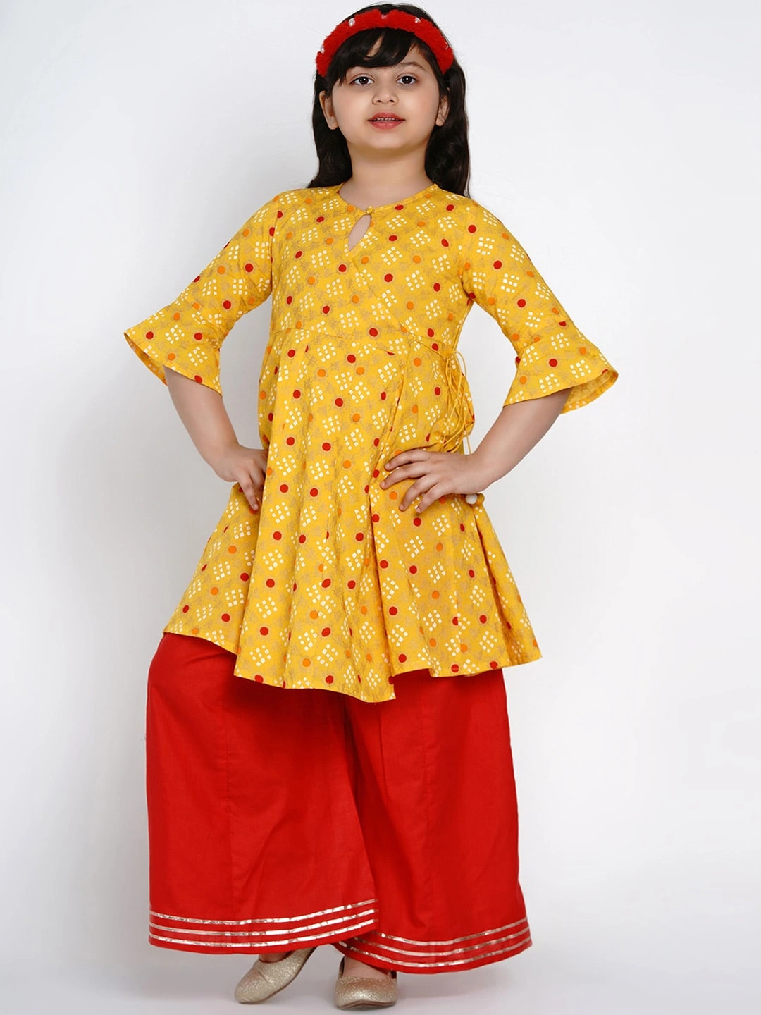 Bitiya by Bhama Girls Yellow &amp; Red Printed Kurta with Palazzos-BBB138_3-4Y