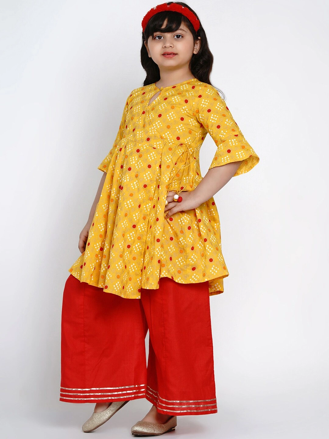 Bitiya by Bhama Girls Yellow &amp; Red Printed Kurta with Palazzos-3-4Y-1