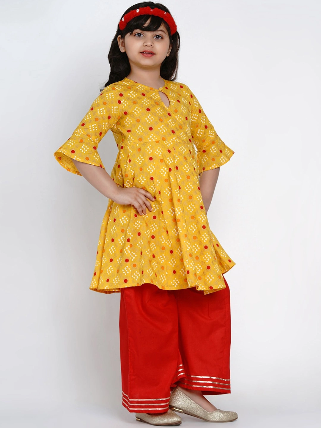 Bitiya by Bhama Girls Yellow &amp; Red Printed Kurta with Palazzos-3-4Y-2