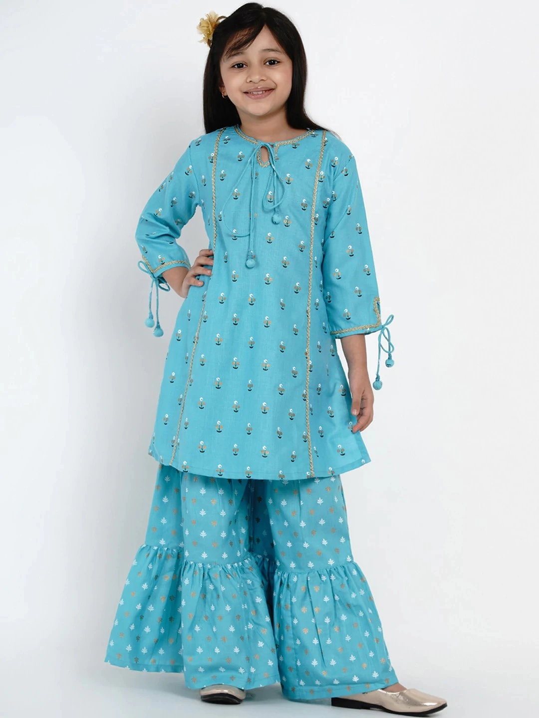 Bitiya by Bhama Girls Blue &amp; White Printed Kurta with Sharara-BBB159_3-4Y