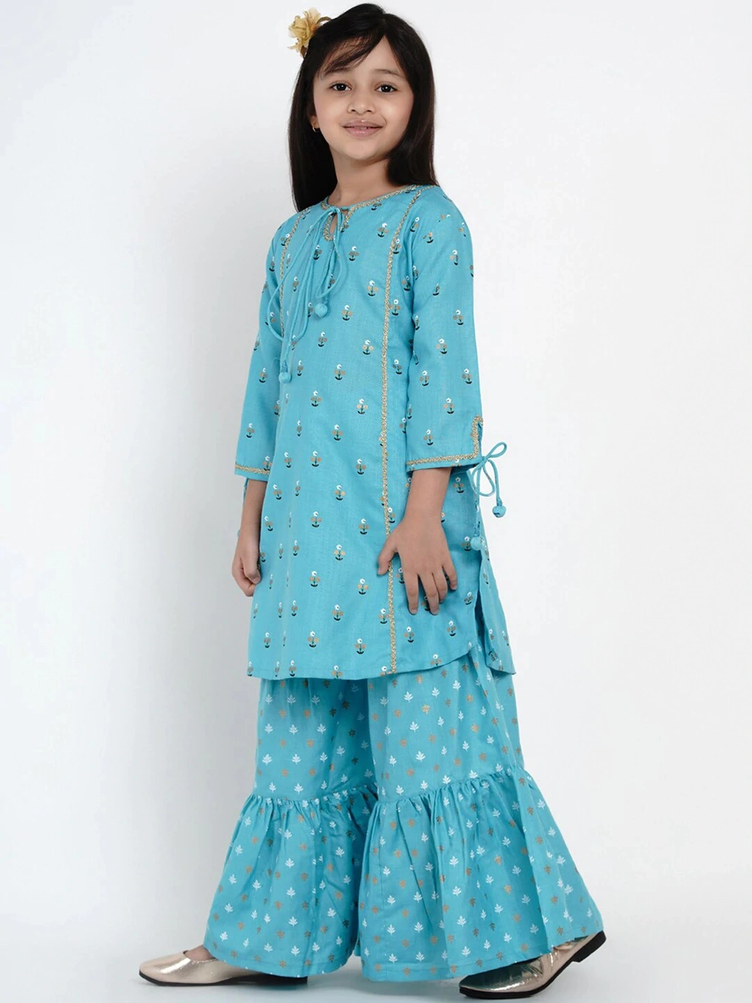 Bitiya by Bhama Girls Blue &amp; White Printed Kurta with Sharara-3-4Y-1