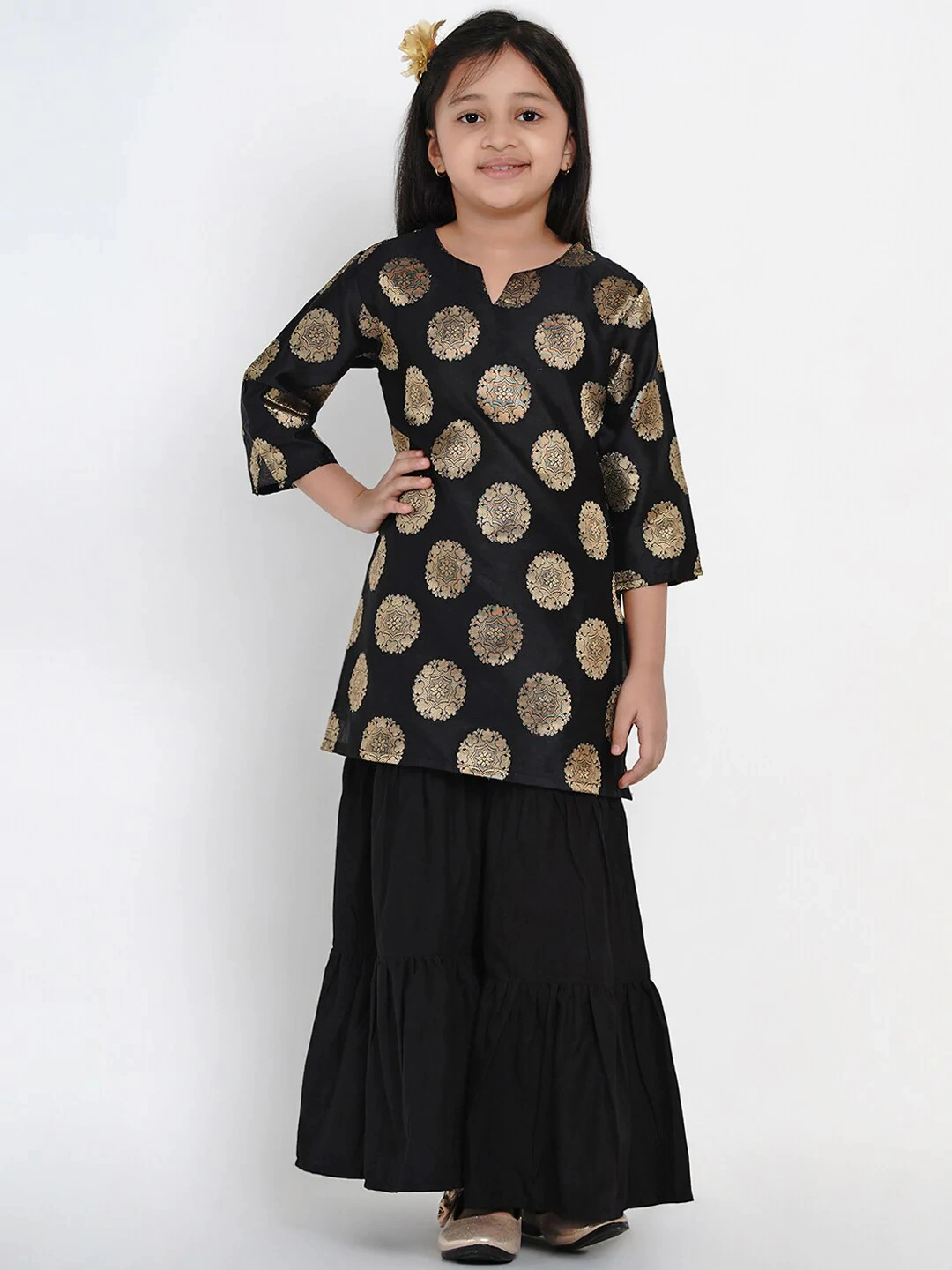 Bitiya by Bhama Girls Black &amp; Gold-Toned Woven Design Kurta with Sharara-BBB161_3-4Y