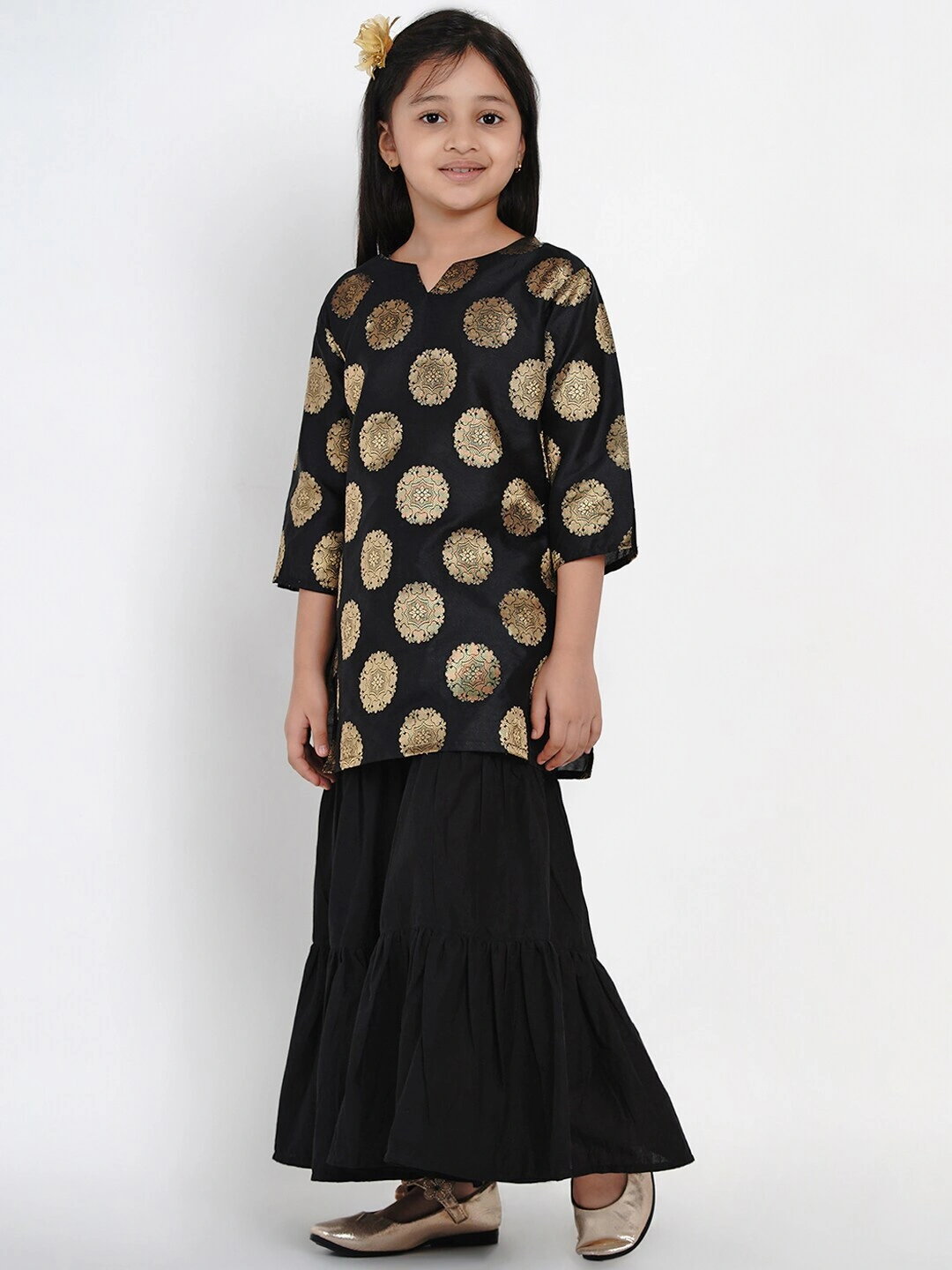 Bitiya by Bhama Girls Black &amp; Gold-Toned Woven Design Kurta with Sharara-3-4Y-1